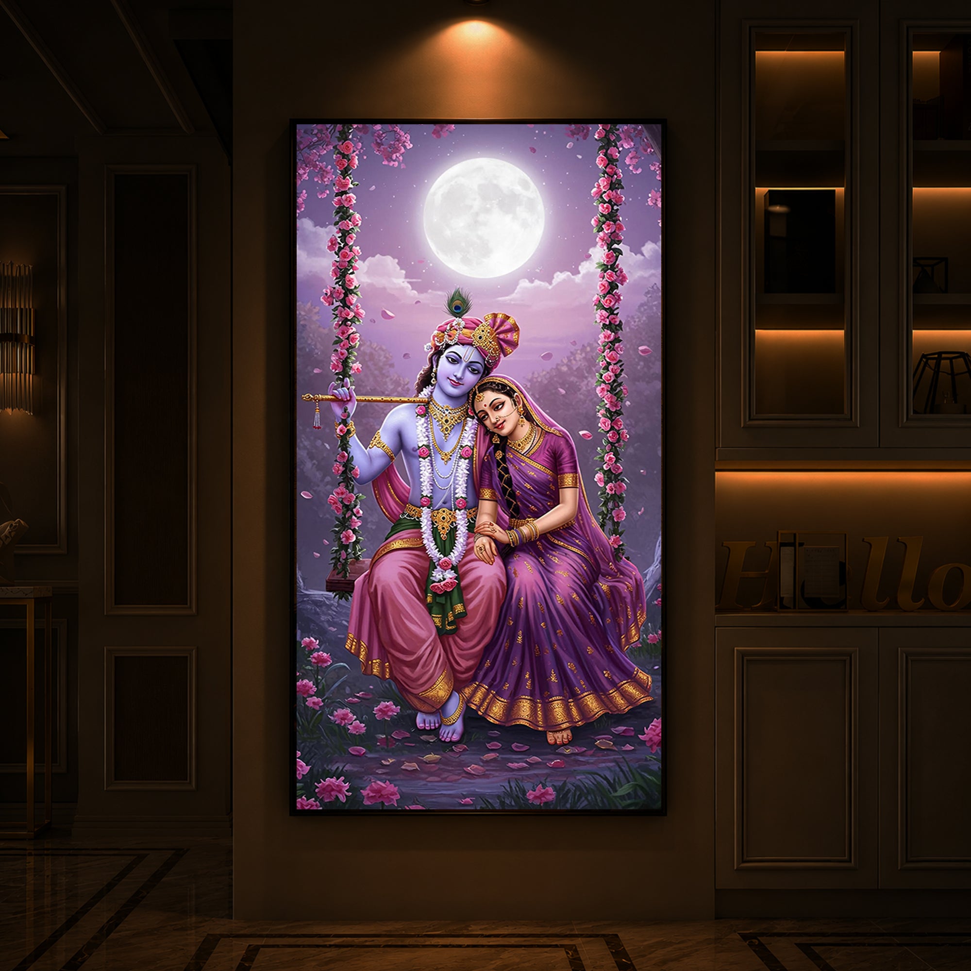 Loving Radha Krishna Modern Luxury Backlight Vertical Wall Art