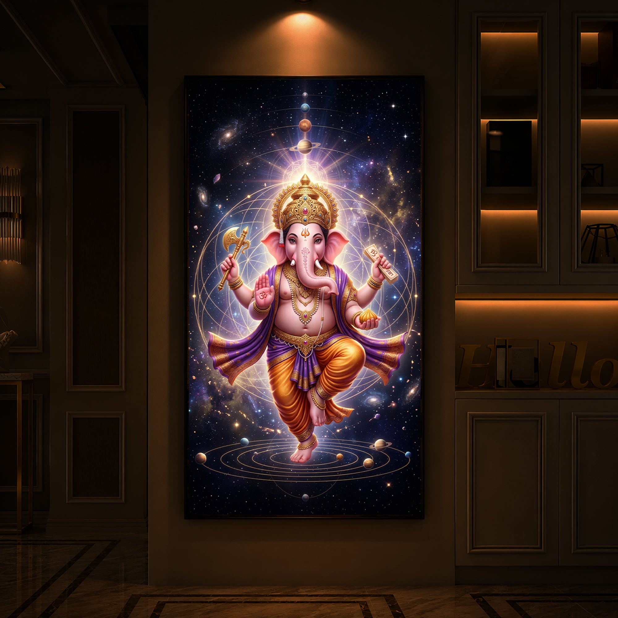 Shree Ganesha's Celestial Embrace Modern Luxury Backlight Vertical Wall Art