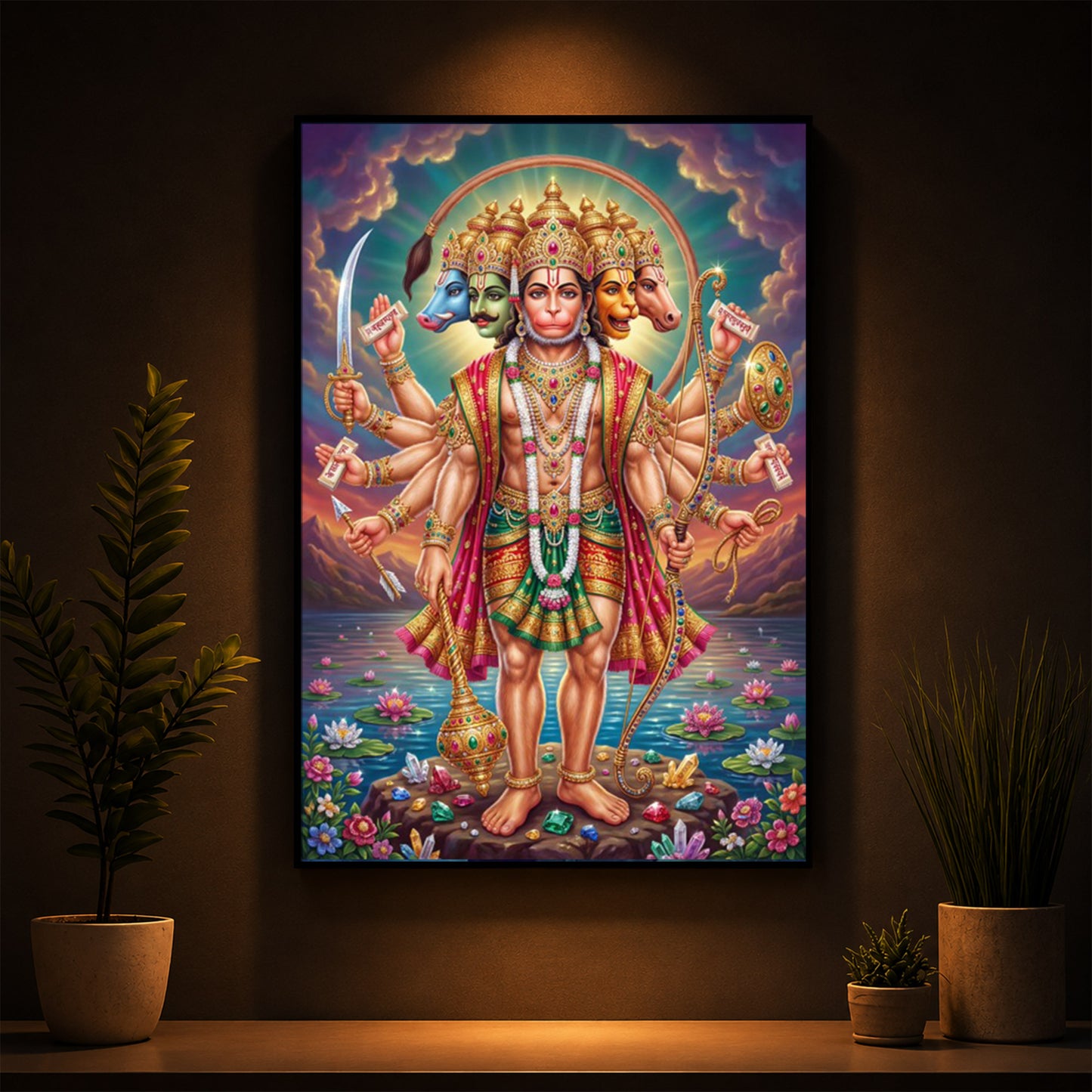 Spiritual Panchamukhi Hanuman Modern Luxury Backlight Vertical Wall Art