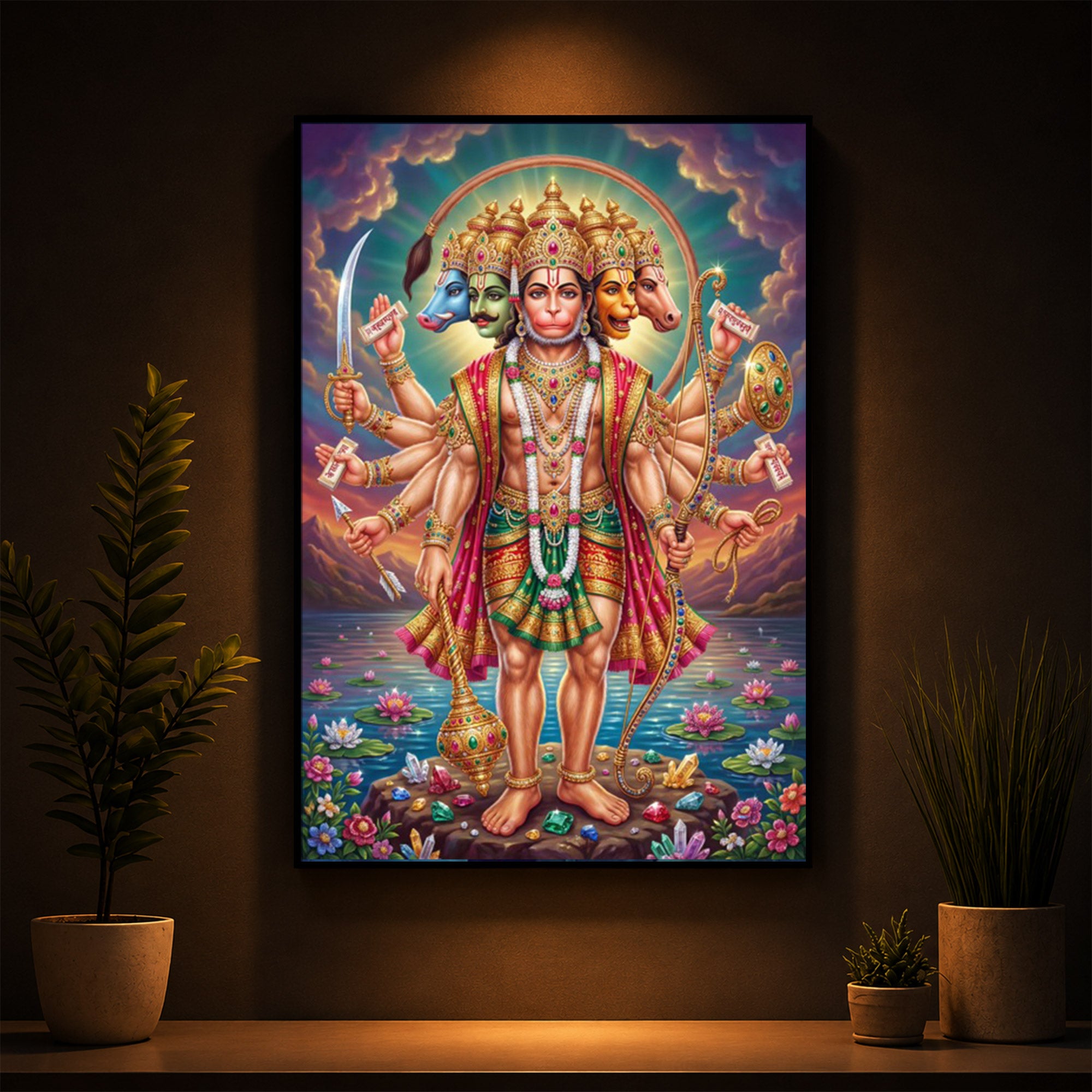 Spiritual Panchamukhi Hanuman Modern Luxury Backlight Vertical Wall Art