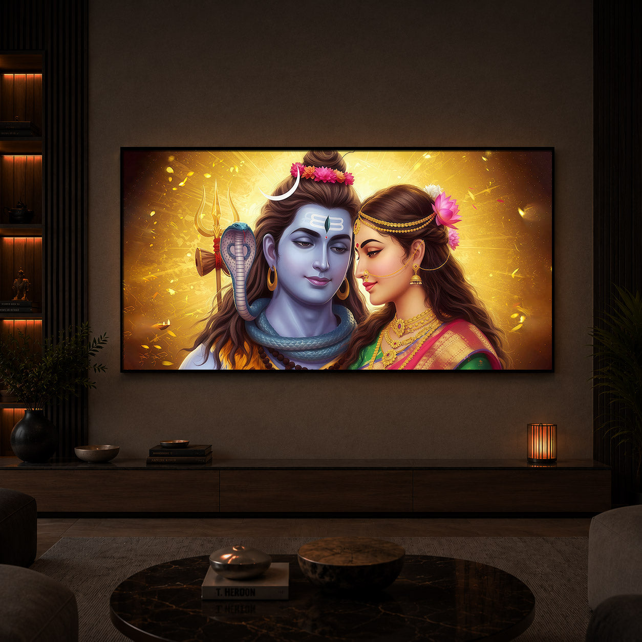 Shiv Parvati Modern Luxury Backlight Horizontal Wall Art