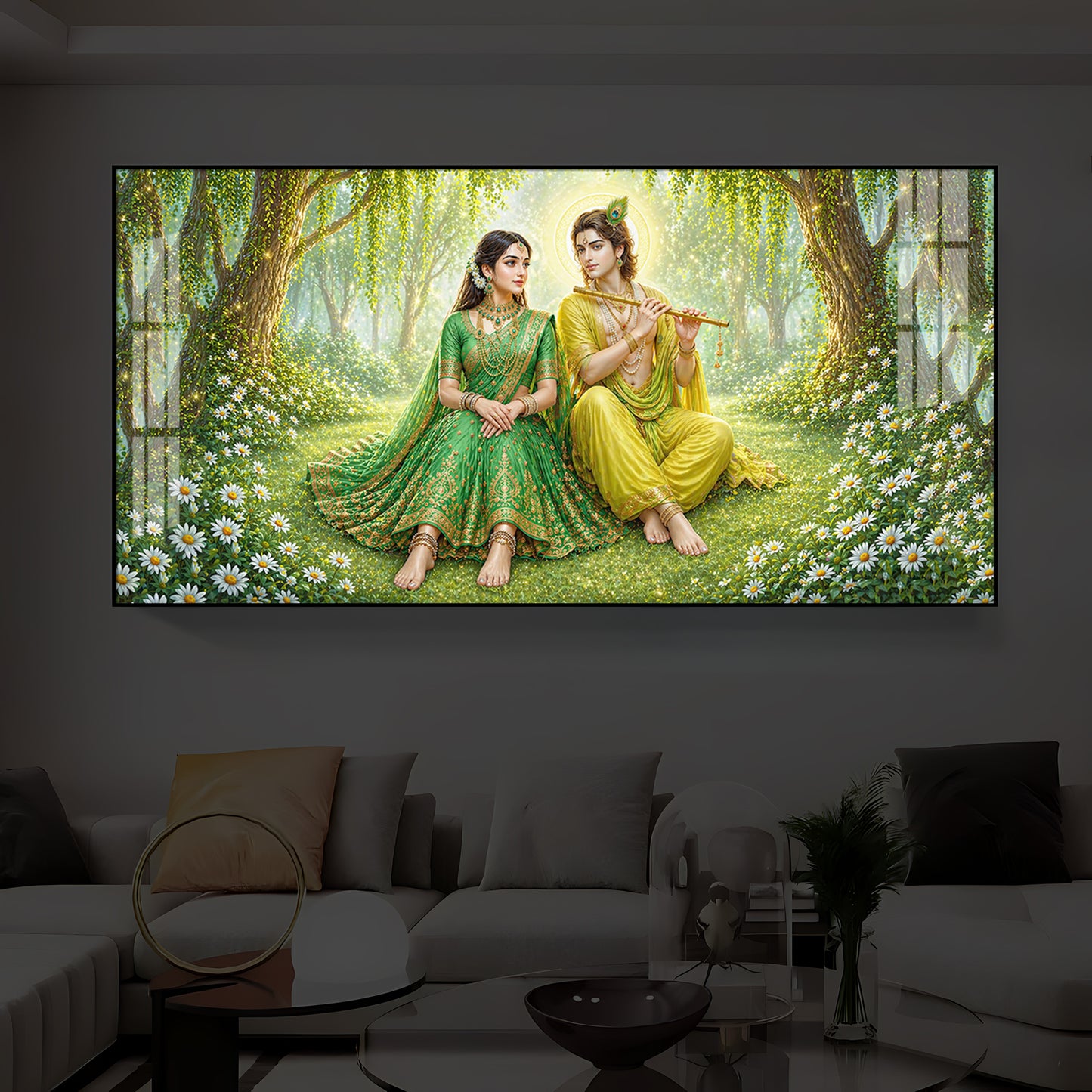 Divine Love Radhe Krishna Modern Luxury Backlight Horizontal Wall Art