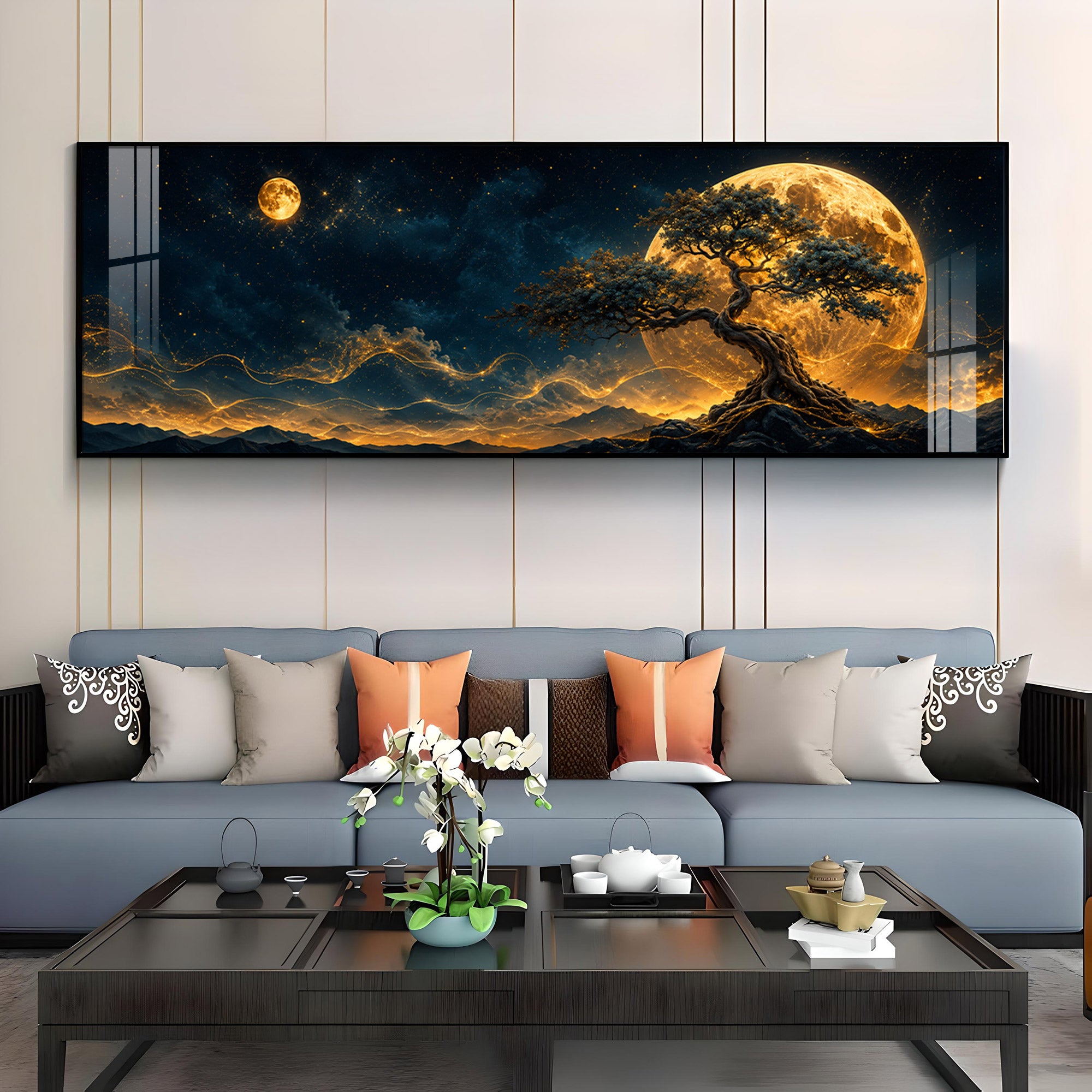 Golden Full Moon Bonsai Tree Premium Acrylic Horizontal Wall Art