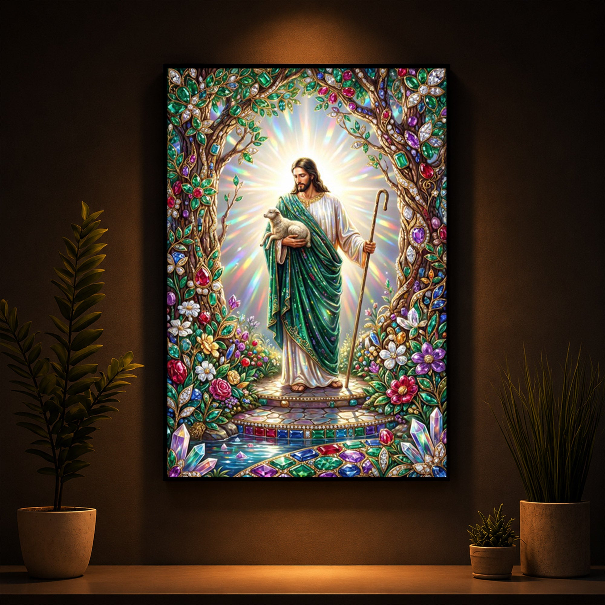 Divine God Shepherd Jesus Modern Luxury Backlight Vertical Wall Art