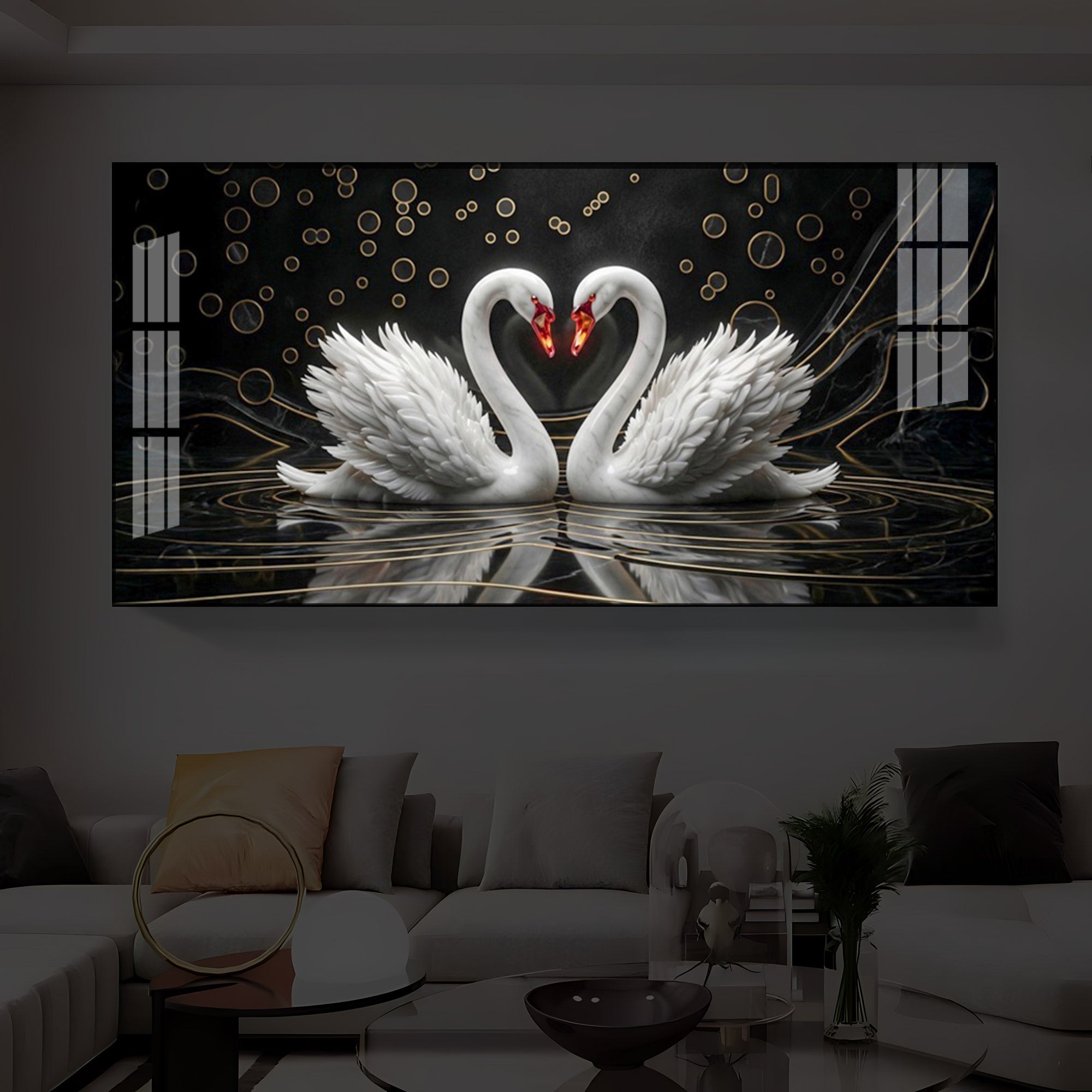 Two White Swans Forming A Heart Modern Luxury Backlight Horizontal Wall Art