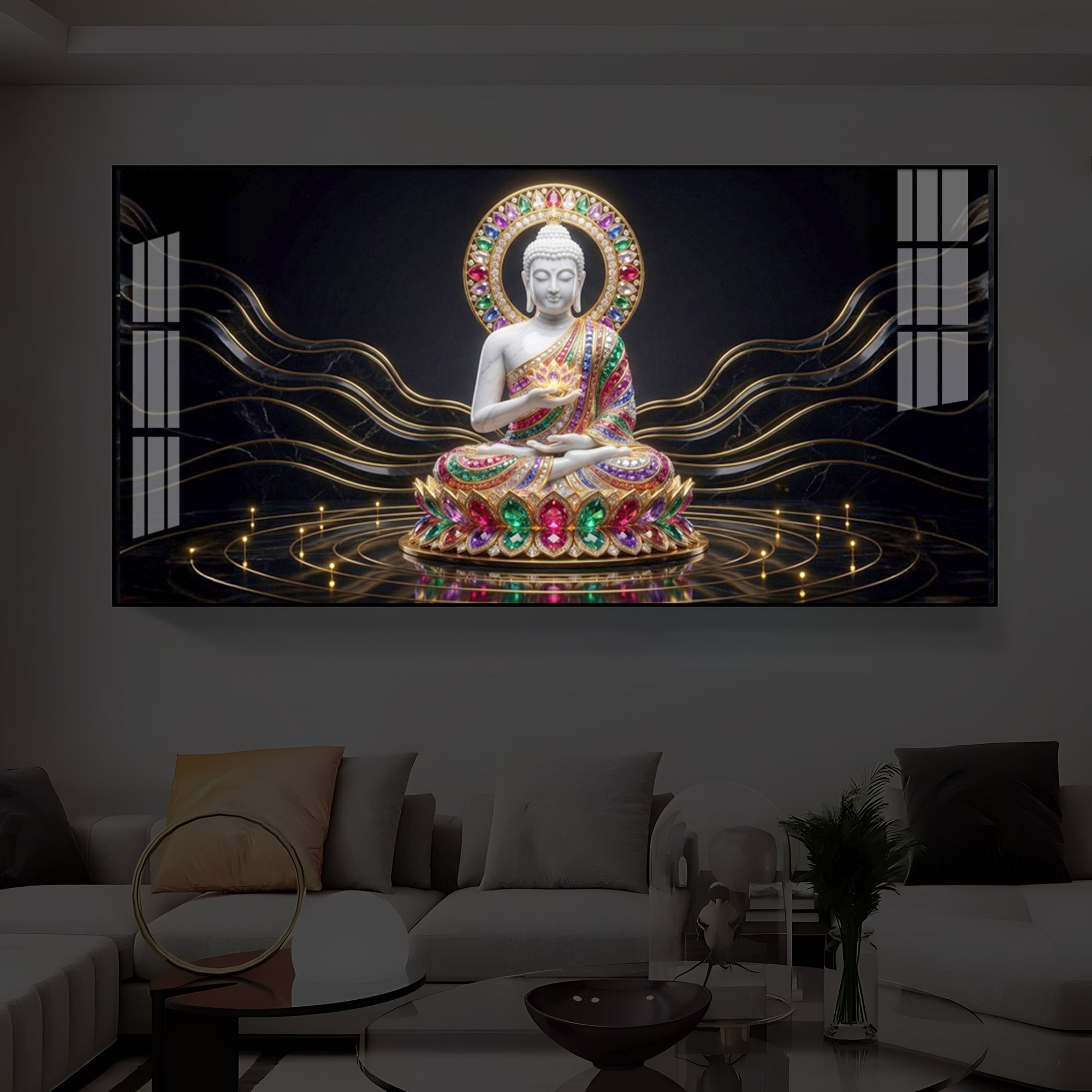 White Buddha Statue Modern Luxury Backlight Horizontal Wall Art