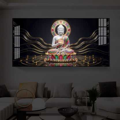 White Buddha Statue Modern Luxury Backlight Horizontal Wall Art