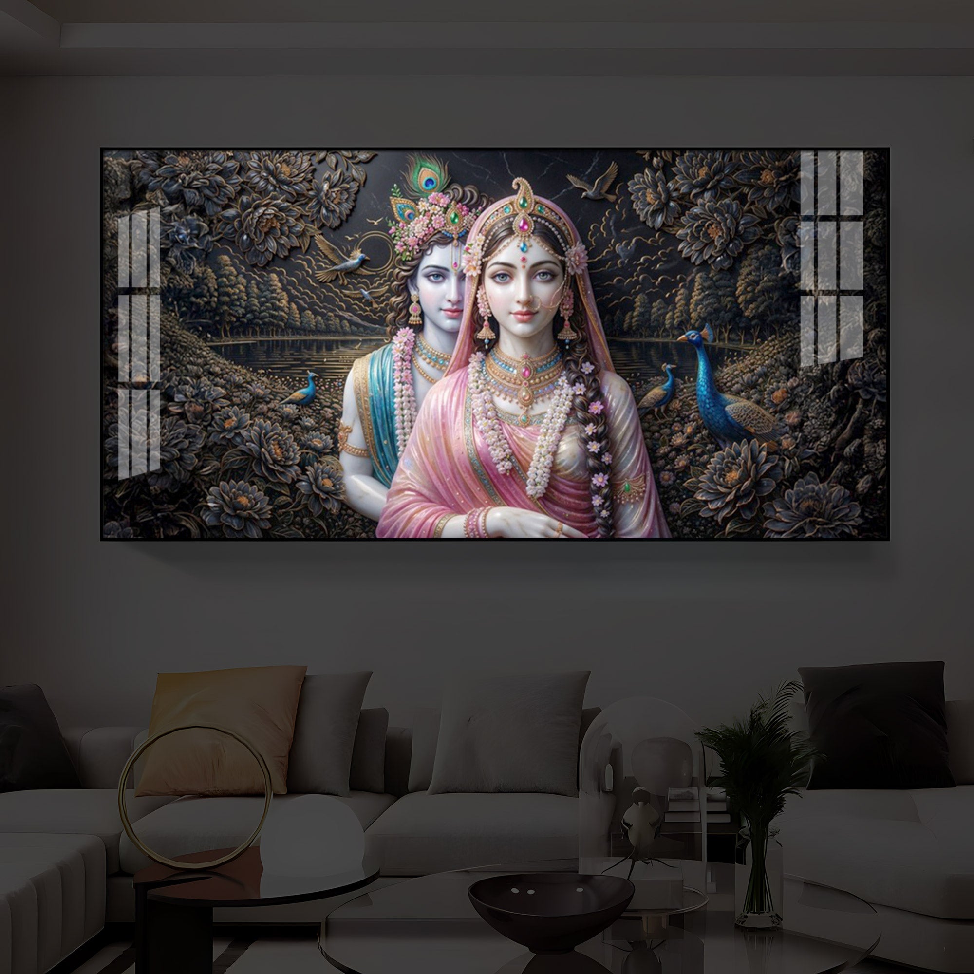 Blissful Radha Krishna Modern Luxury Backlight Horizontal Wall Art