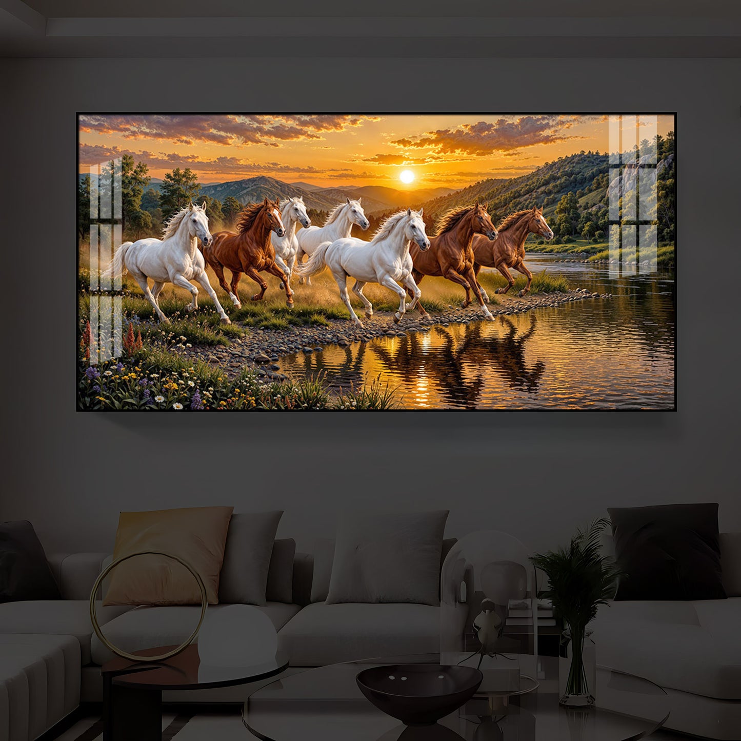 Seven Running Horses With Sunset Splash Modern Luxury Backlight Horizontal Wall Art