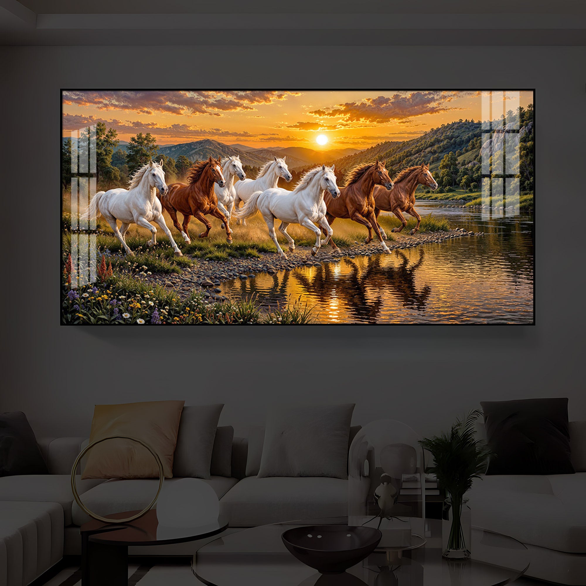 Seven Running Horses With Sunset Splash Modern Luxury Backlight Horizontal Wall Art