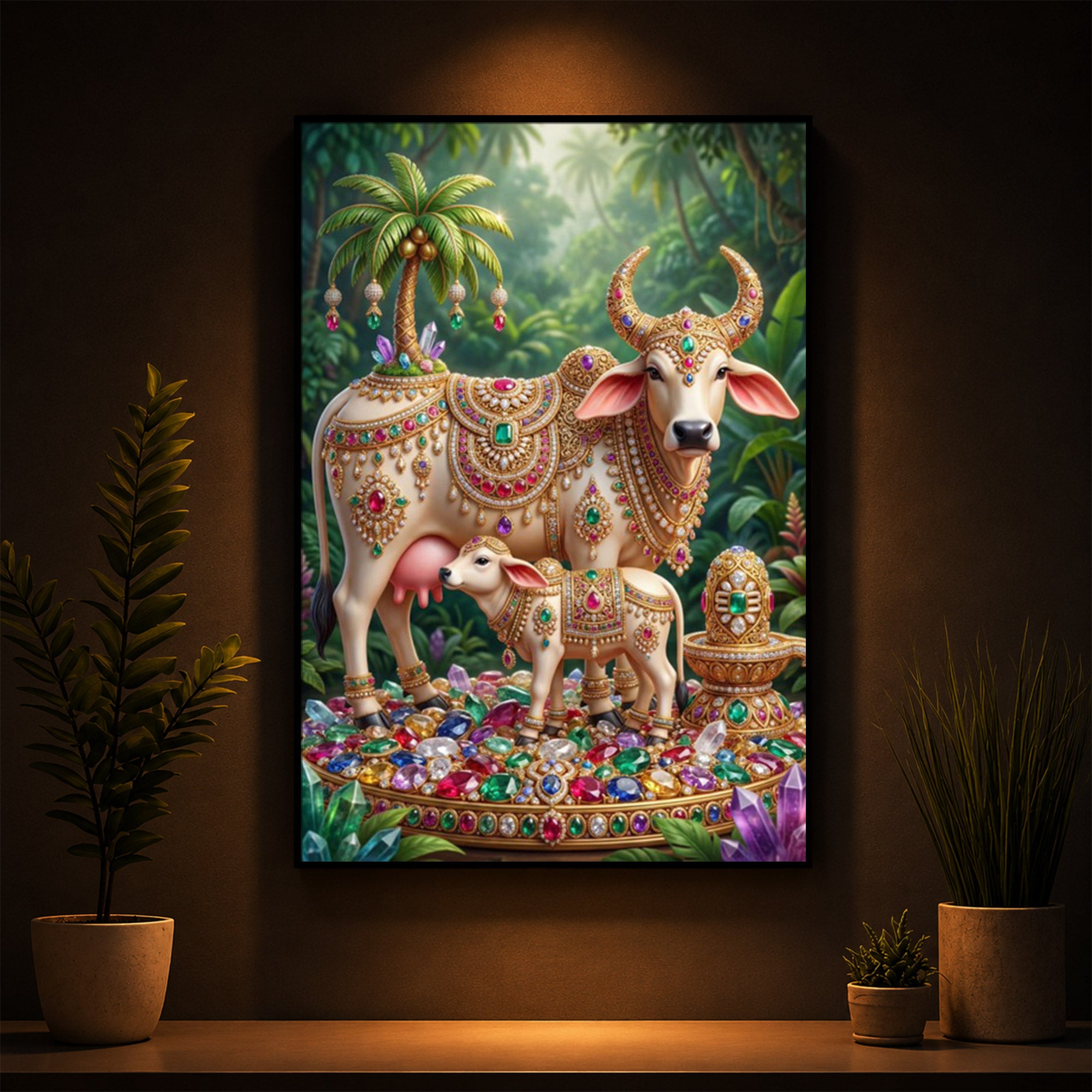 Kamadhenu Cow With Shiv Ji Modern Luxury Backlight Vertical Wall Art