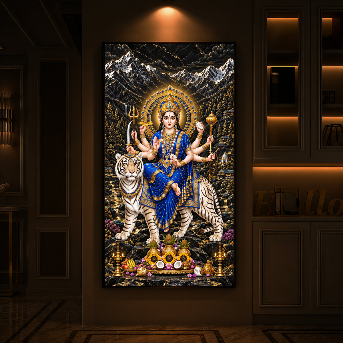 Maa Durga In Blue Saree Modern Luxury Backlight Vertical Wall Art