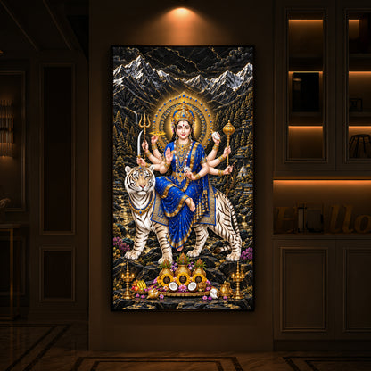Maa Durga In Blue Saree Modern Luxury Backlight Vertical Wall Art