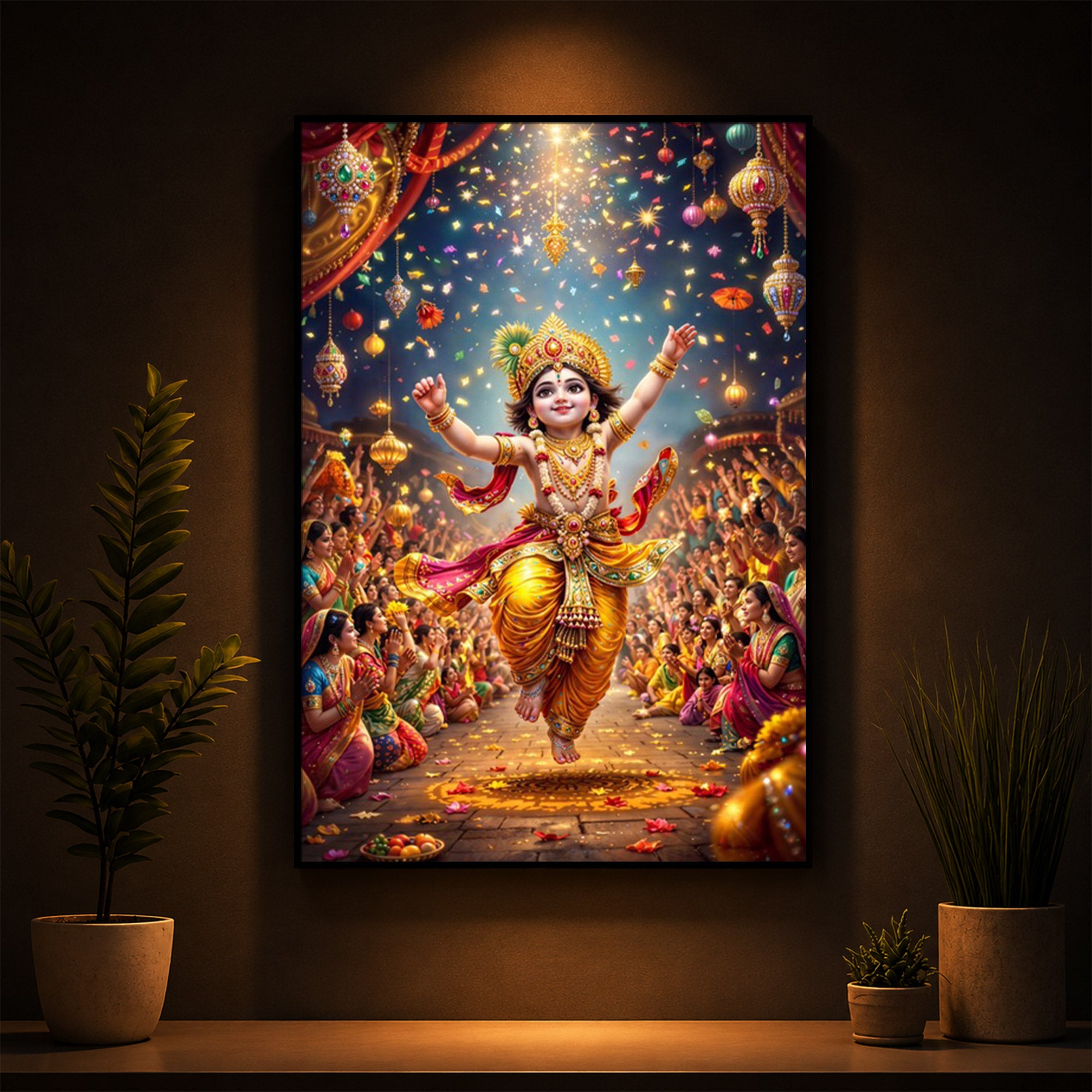 Krishna Janmashtami Modern Luxury Backlight Vertical Wall Art