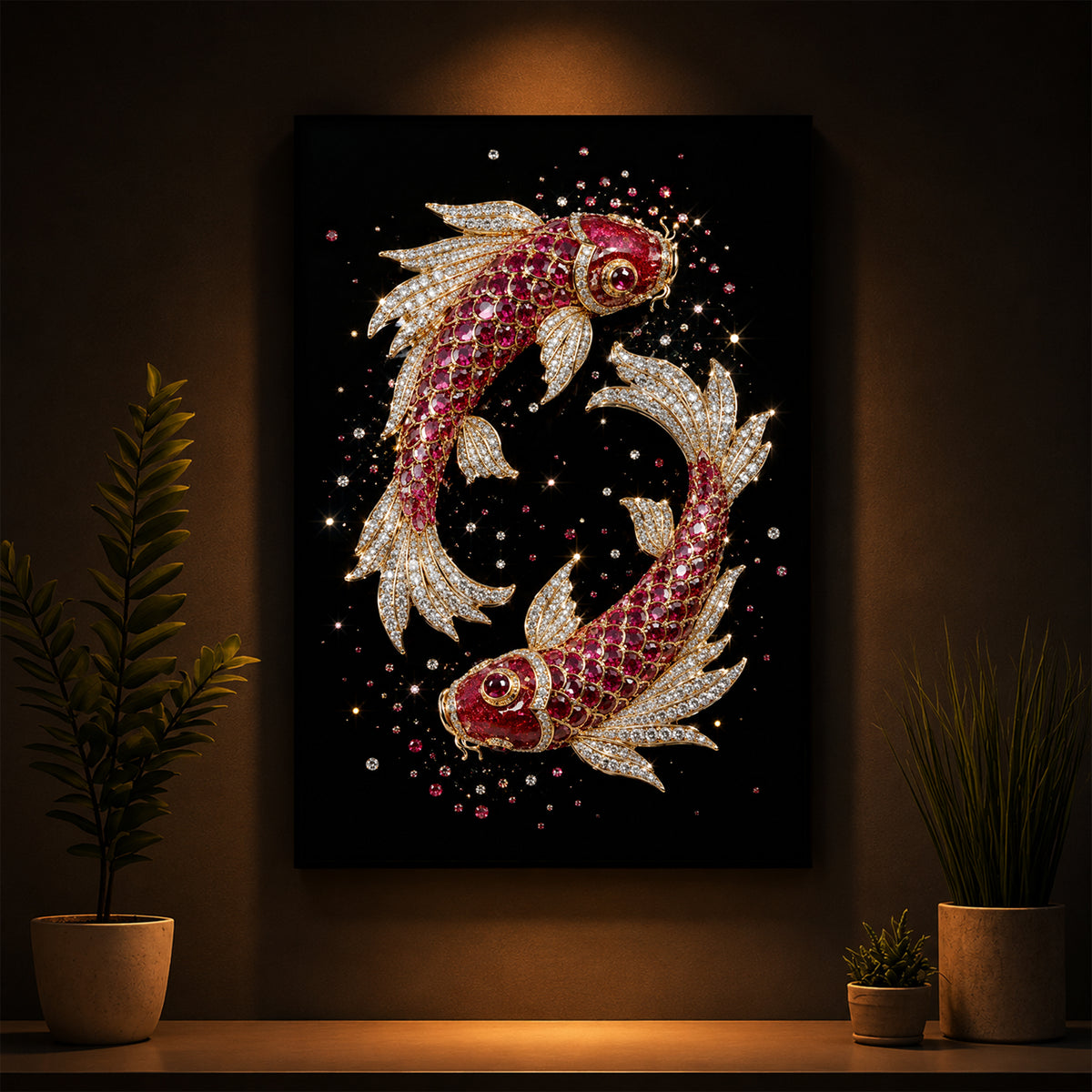 Koi Fish In Ruby Diamond Modern Luxury Backlight Vertical Wall Art