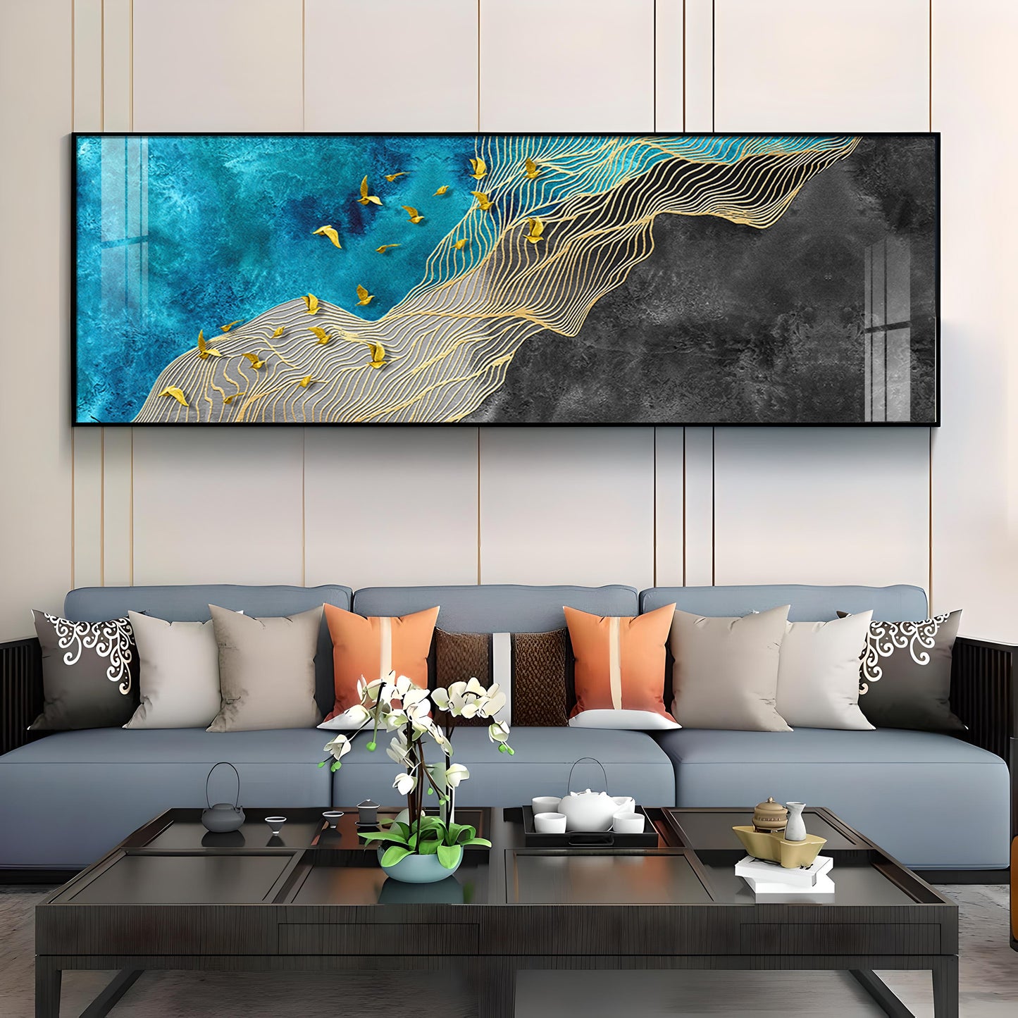 Golden Birds In The Blue Sky Premium Acrylic Horizontal Wall Art