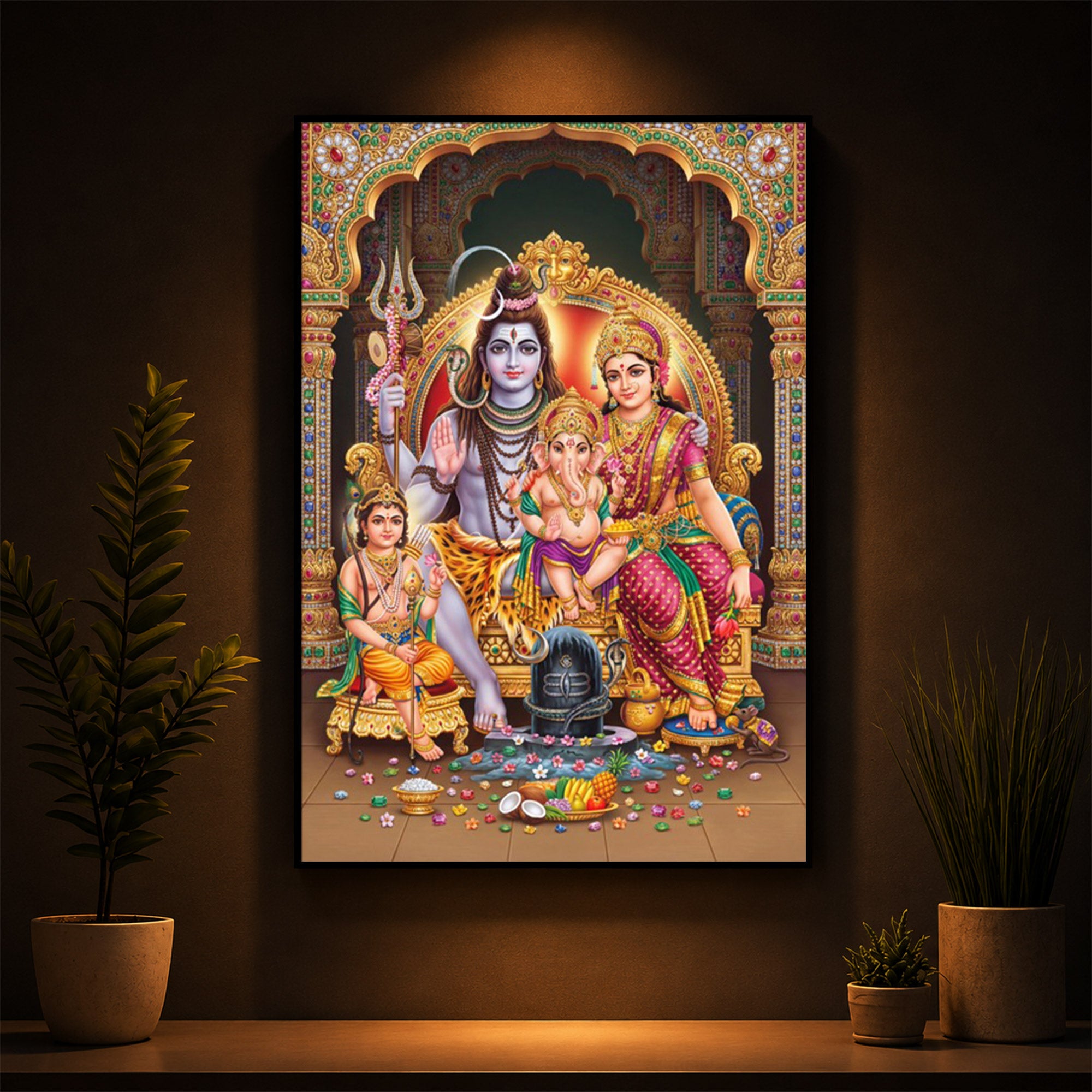 Shiva Parivar Modern Luxury Backlight Vertical Wall Art