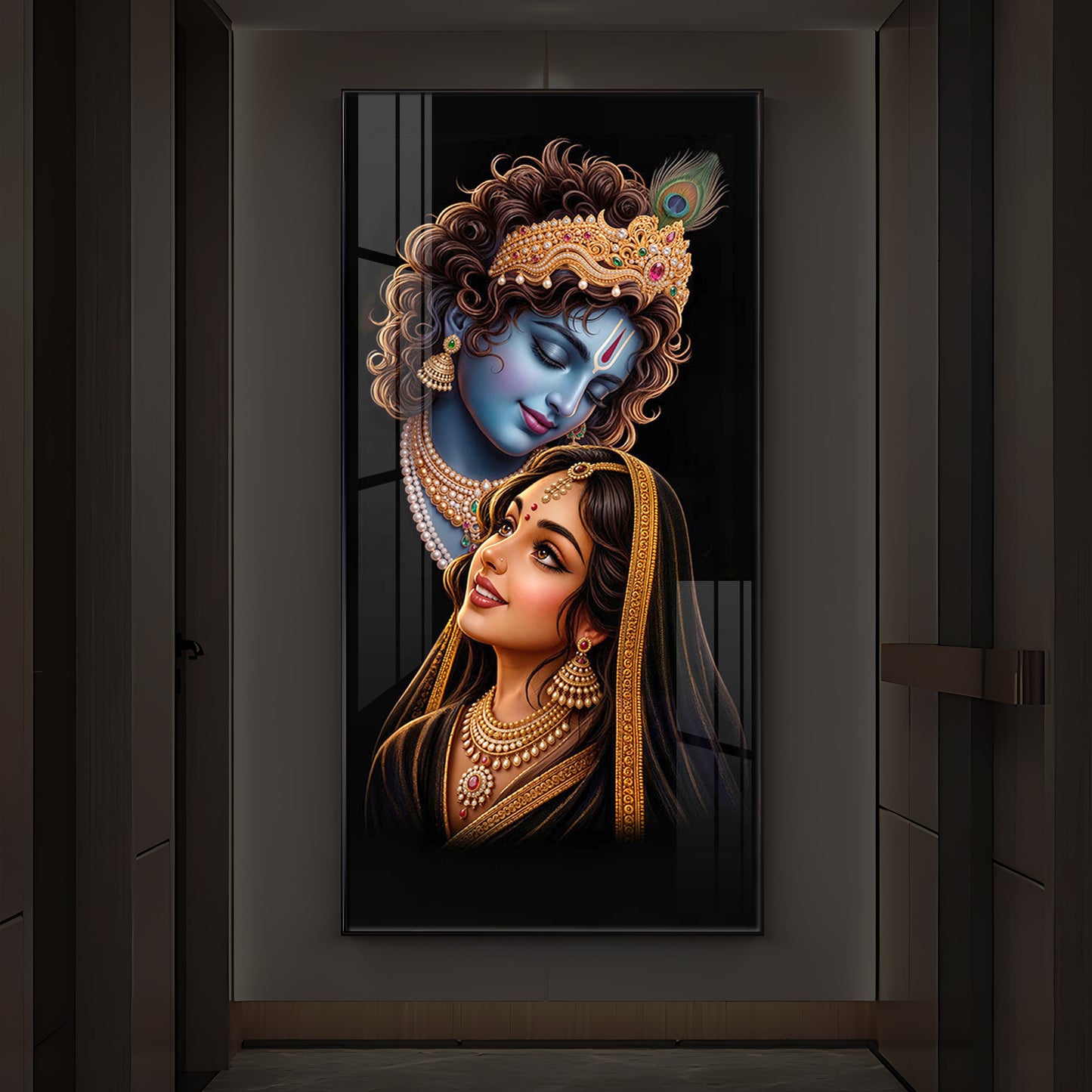 Hindu Deities Shri Radha Krishna Modern Luxury Backlight Vertical Wall Art