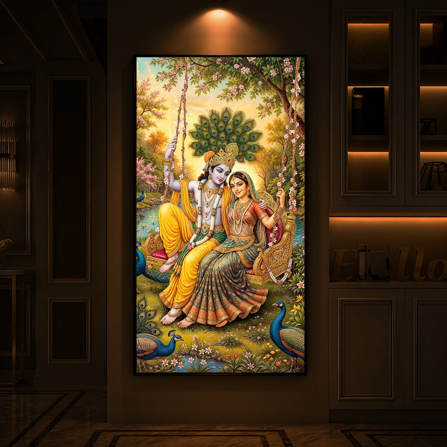 Jai Shri Radha Krishna Modern Luxury Backlight Vertical Wall Art