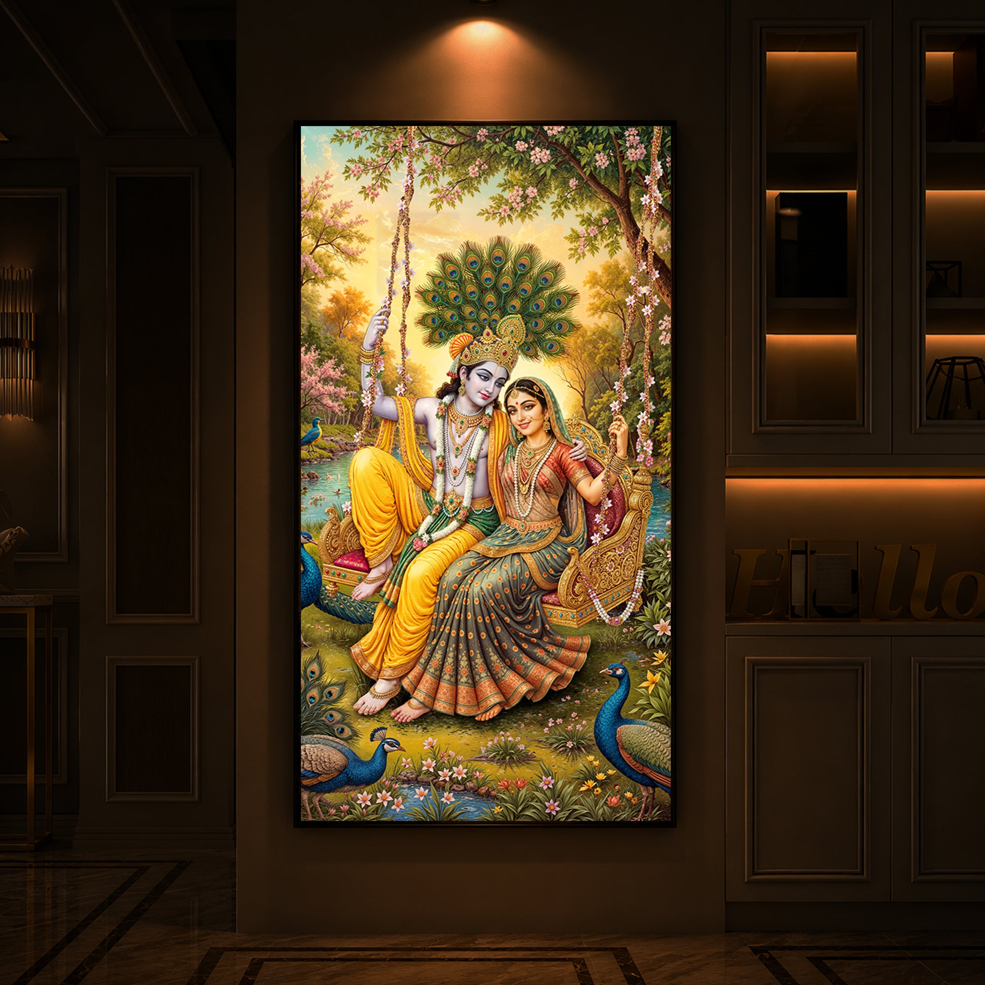 Jai Shri Radha Krishna Modern Luxury Backlight Vertical Wall Art
