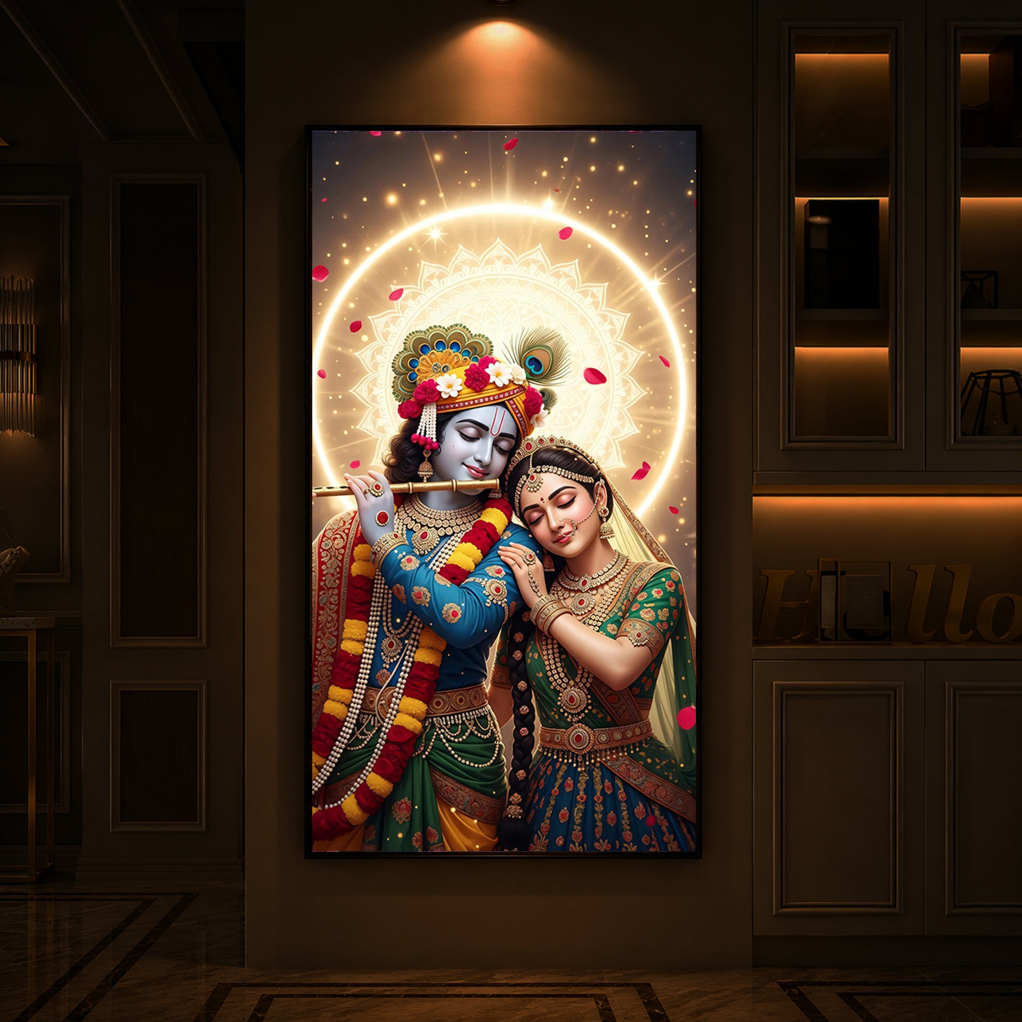 Couple Radhe Krishna Modern Luxury Backlight Vertical Wall Art