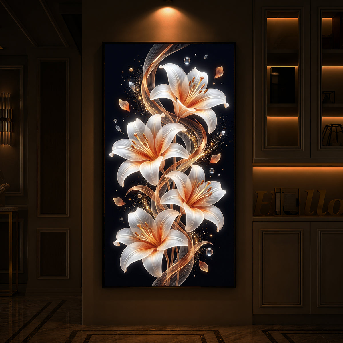Glowing Golden Lily Modern Luxury Backlight Vertical Wall Art