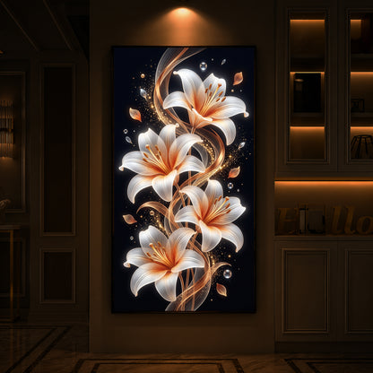 Glowing Golden Lily Modern Luxury Backlight Vertical Wall Art
