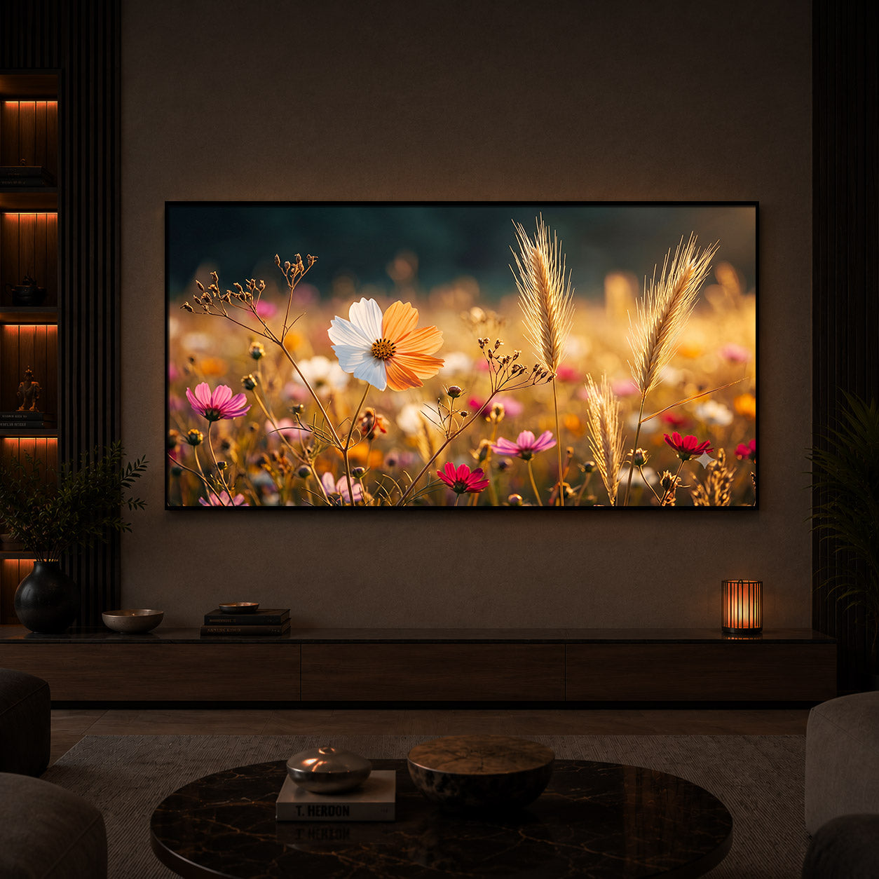 Golden Wildflower Meadow Modern Luxury Backlight Horizontal Wall Art