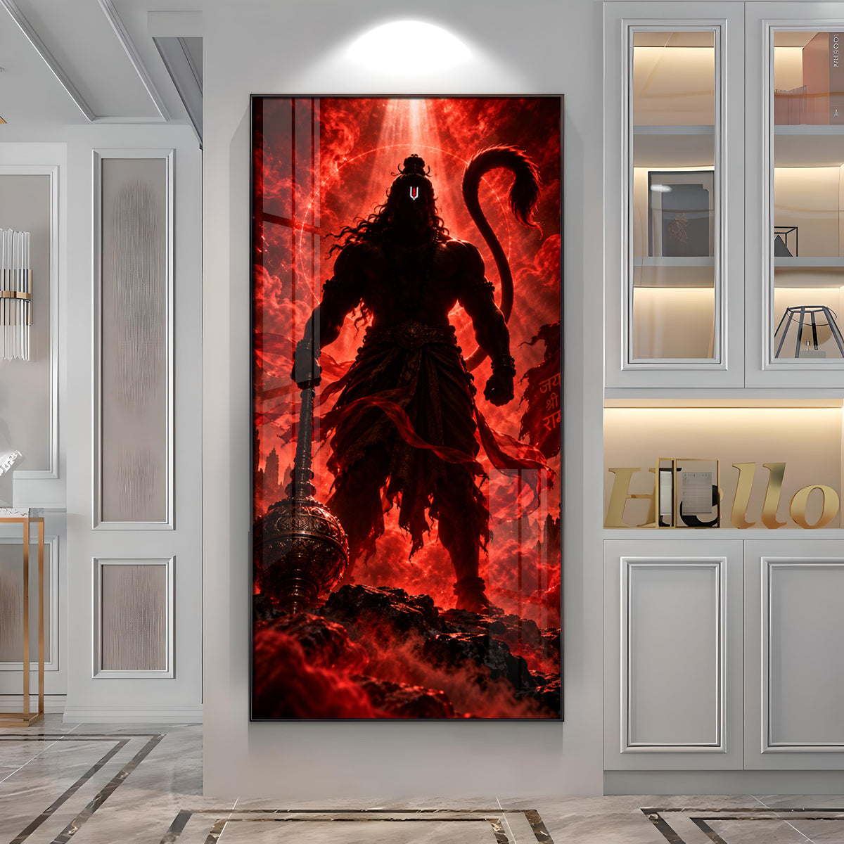 Hanuman Silhouette in Red Glow Premium Acrylic Vertical Wall Art