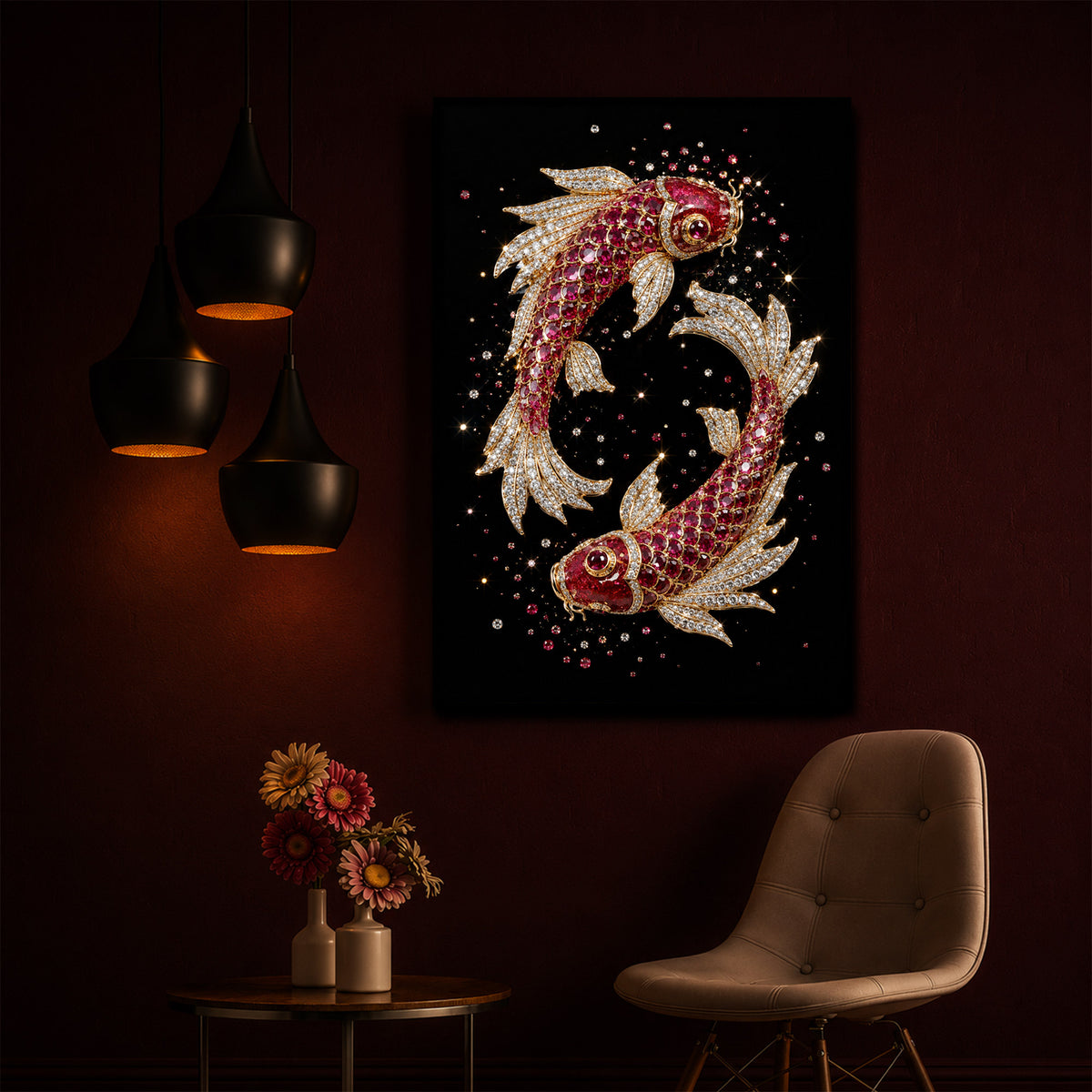 Koi Fish In Ruby Diamond Modern Luxury Backlight Vertical Wall Art