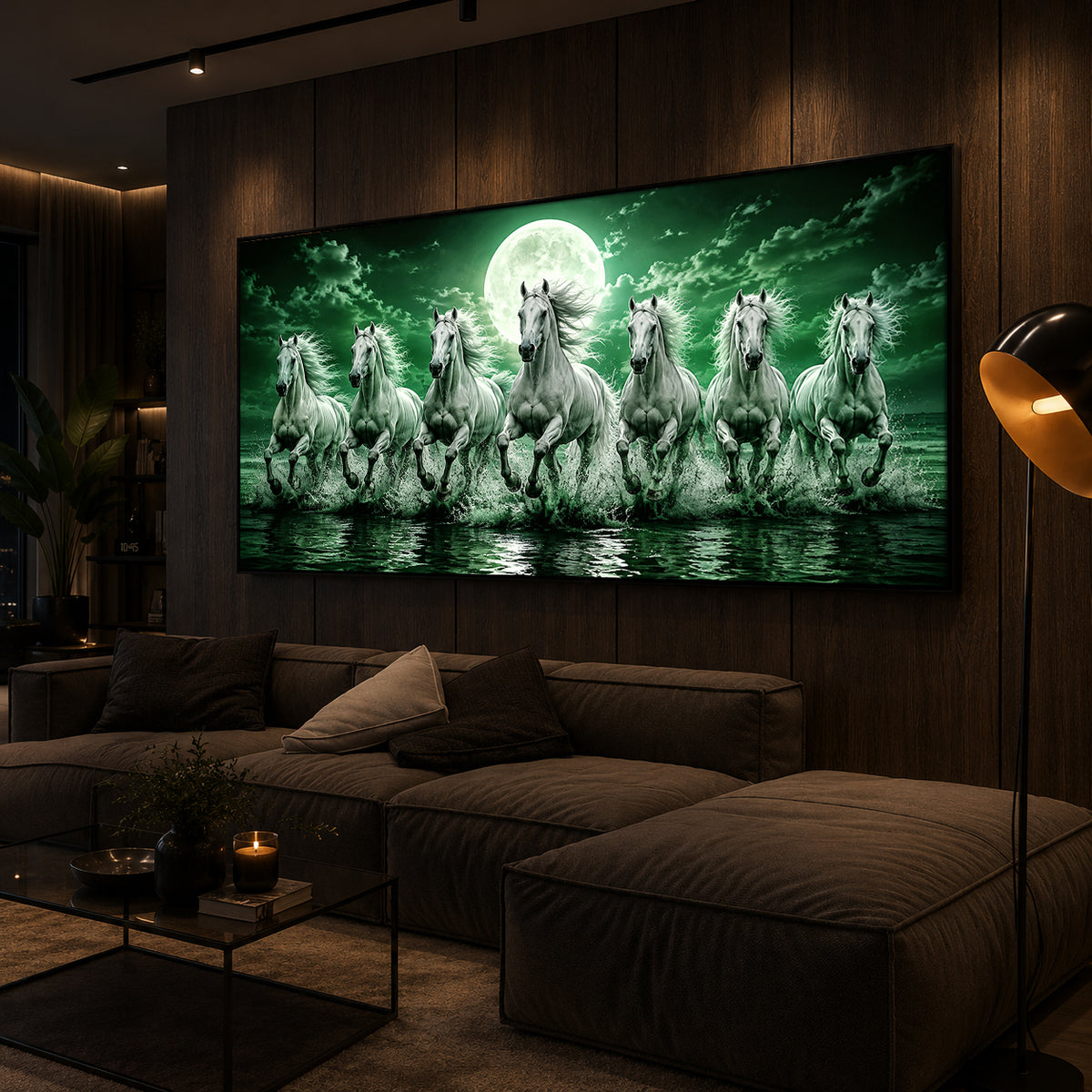 7 Running Horses With Green Backdrop Modern Luxury Backlight Horizontal Wall Art