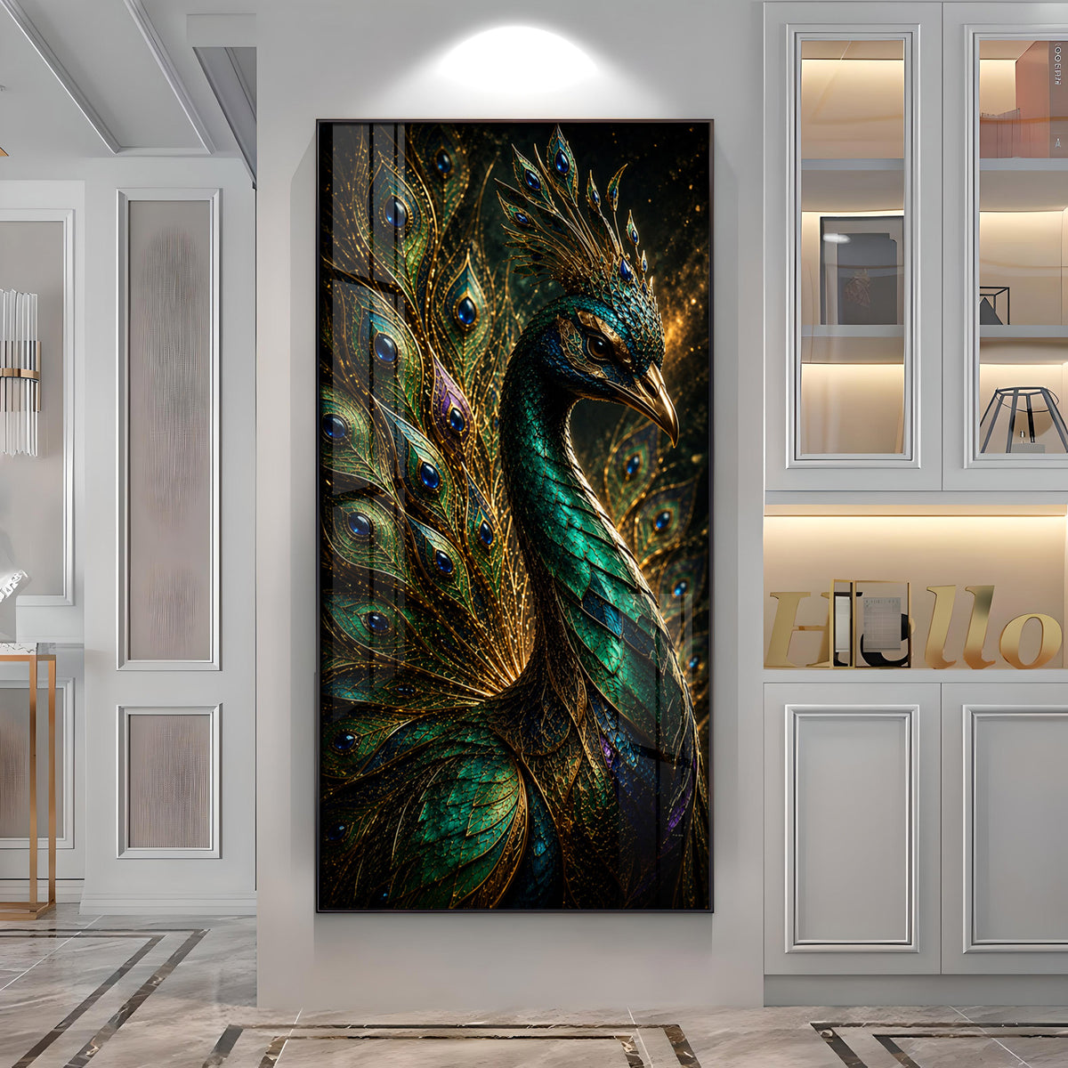 Majestic Jewel Toned Peacock Feather Premium Acrylic Vertical Wall Art