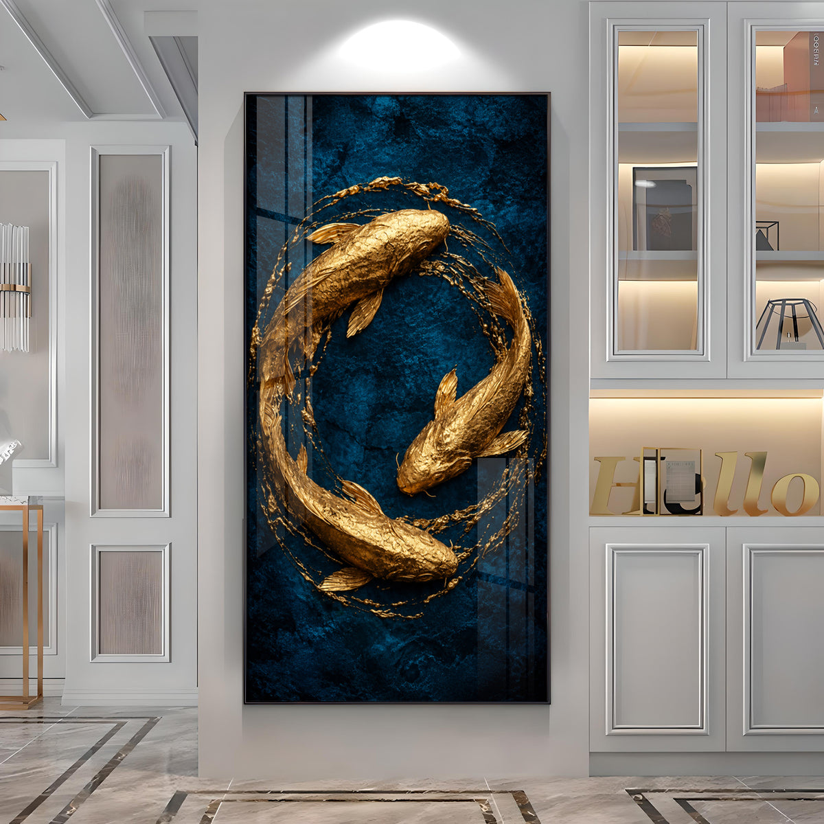 Majestic Golden Koi Circle Background Premium Acrylic Vertical Wall Art