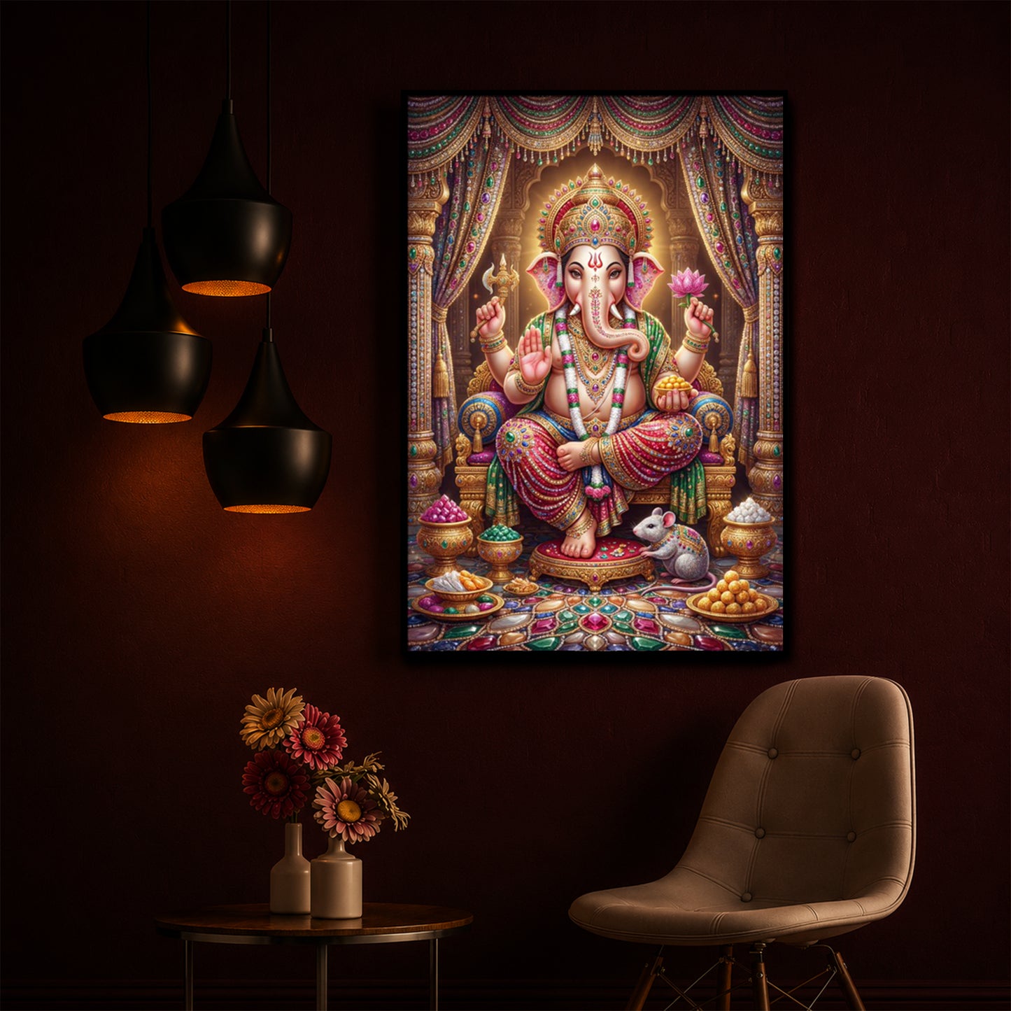 Shree Ganesh Darbar Modern Luxury Backlight Vertical Wall Art