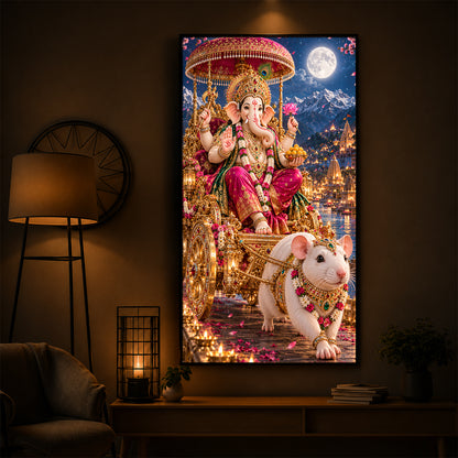 Ganapati Bappa Divine Rath Modern Luxury Backlight Vertical Wall Art