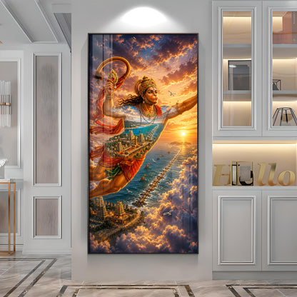 Lord Hanuman Flying Over Ocean Ram Setu Premium Acrylic Vertical Wall Art