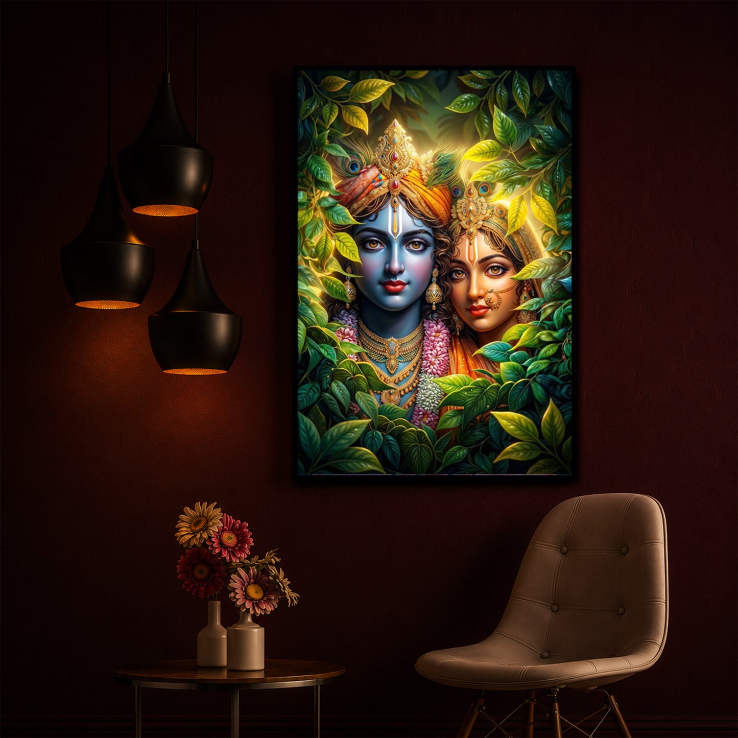 Lord Radha Krishna With Nature Modern Luxury Backlight Vertical Wall Art