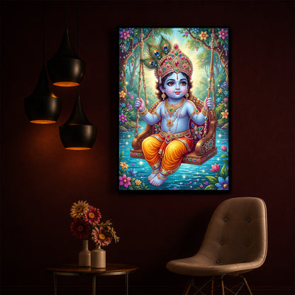 Divine Lord Krishna Modern Luxury Backlight Vertical Wall Art