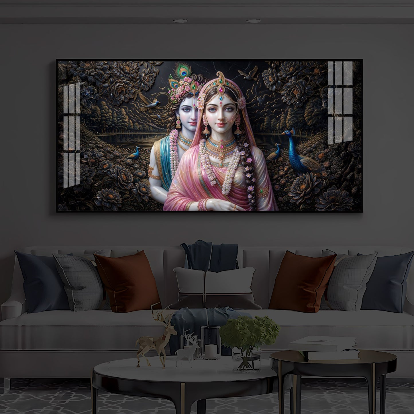 Blissful Radha Krishna Modern Luxury Backlight Horizontal Wall Art