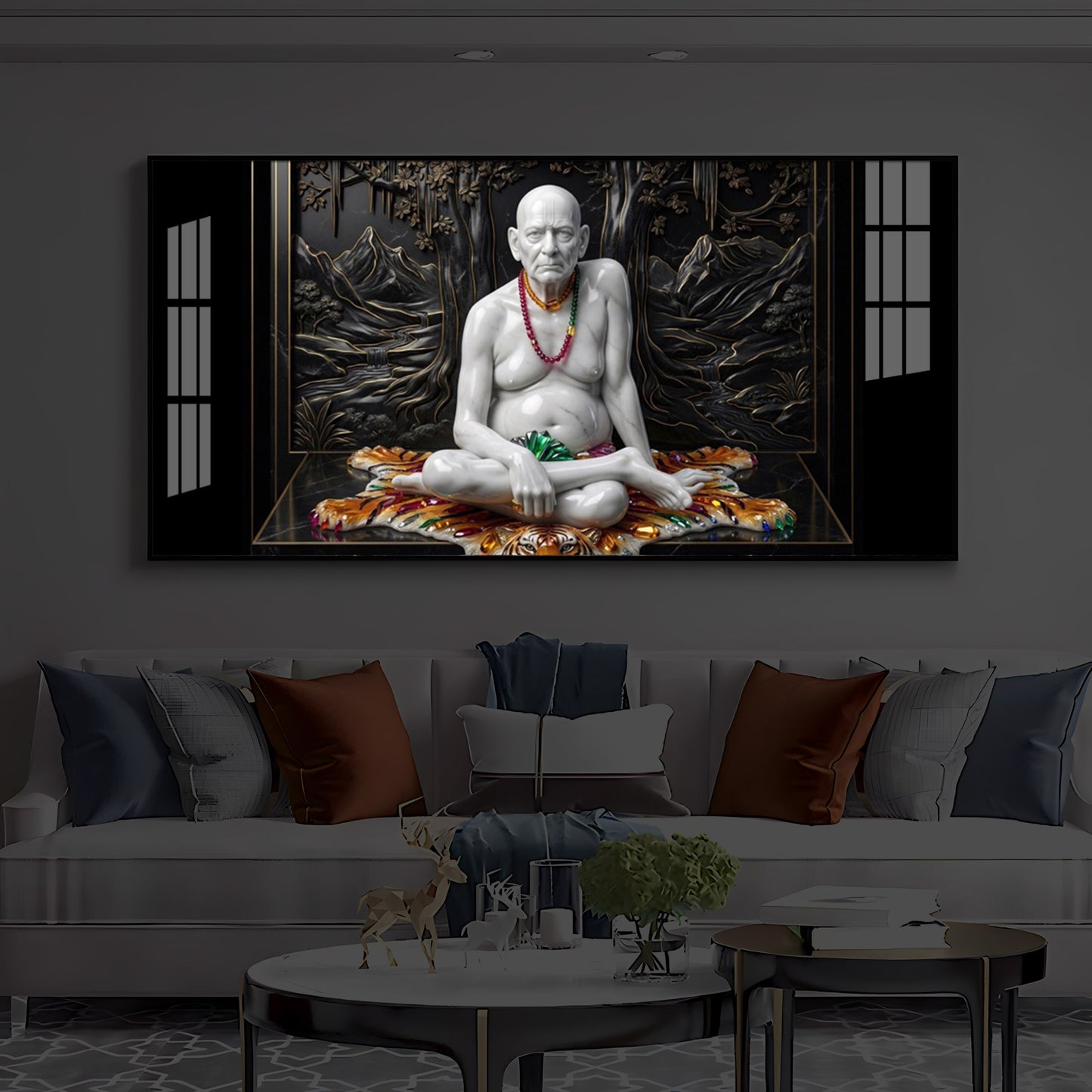 White Marble Swami Samarth Modern Luxury Backlight Horizontal Wall Art