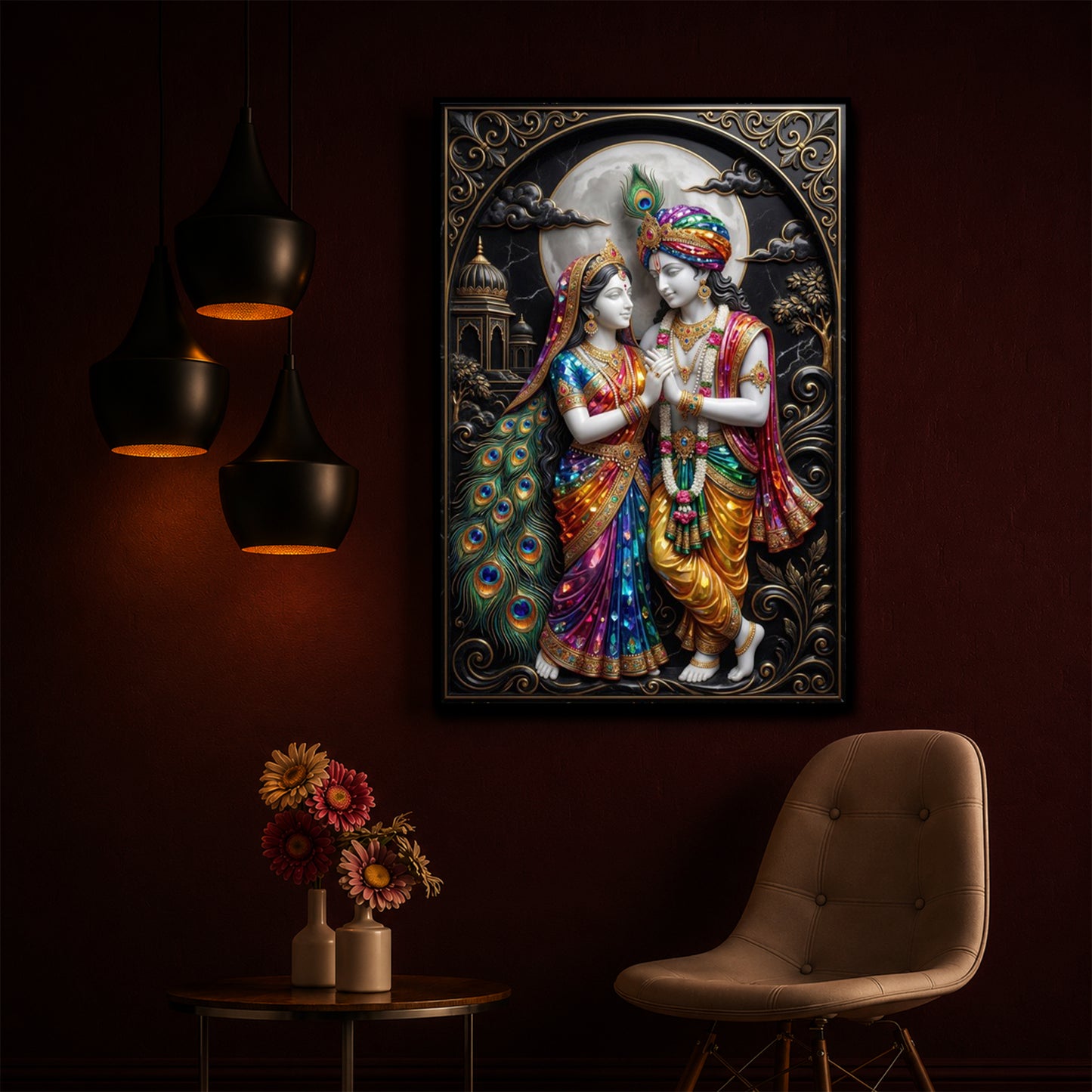 Radha Krishna With Moon Modern Luxury Backlight Vertical Wall Art