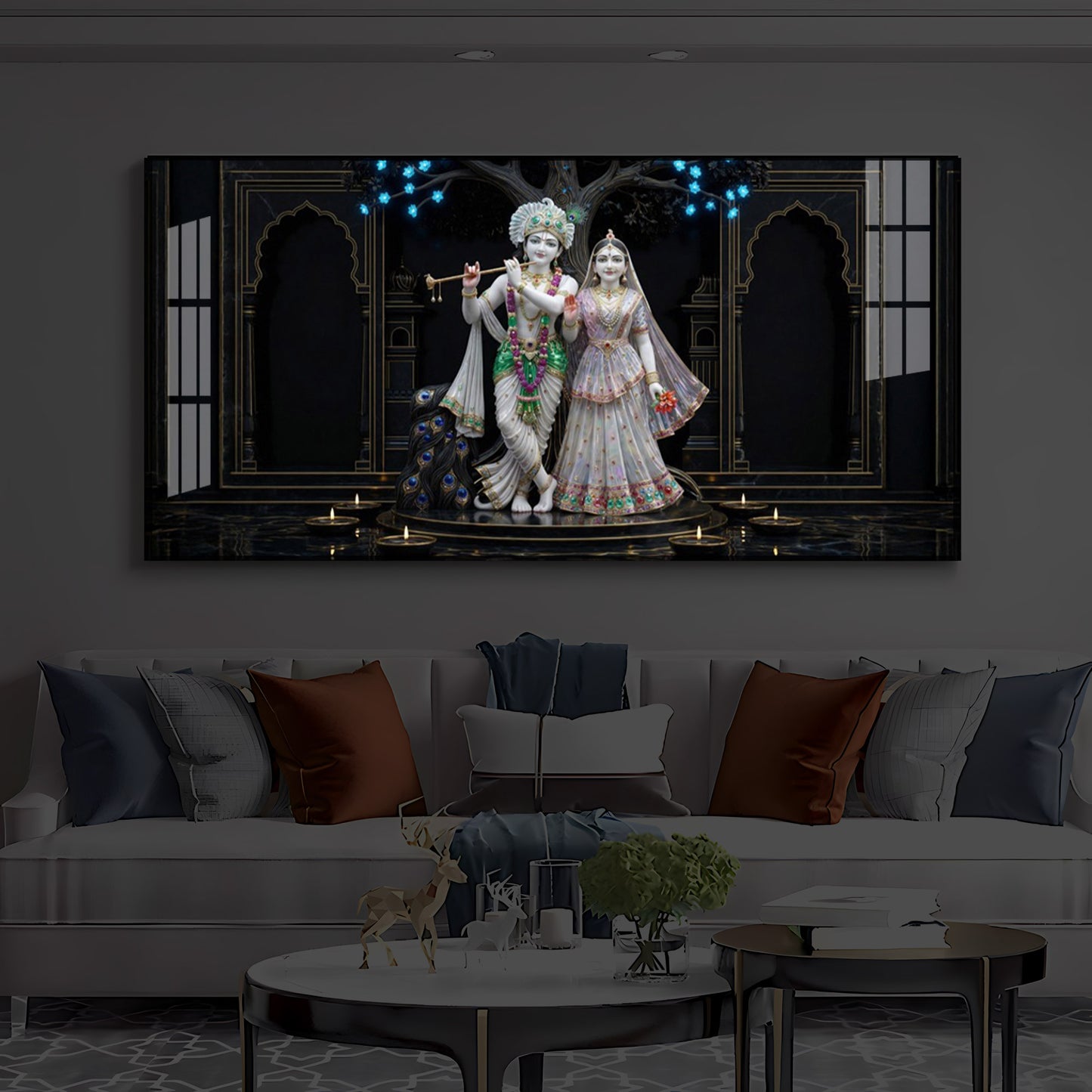 Radha Krishna With Flute Modern Luxury Backlight Horizontal Wall Art