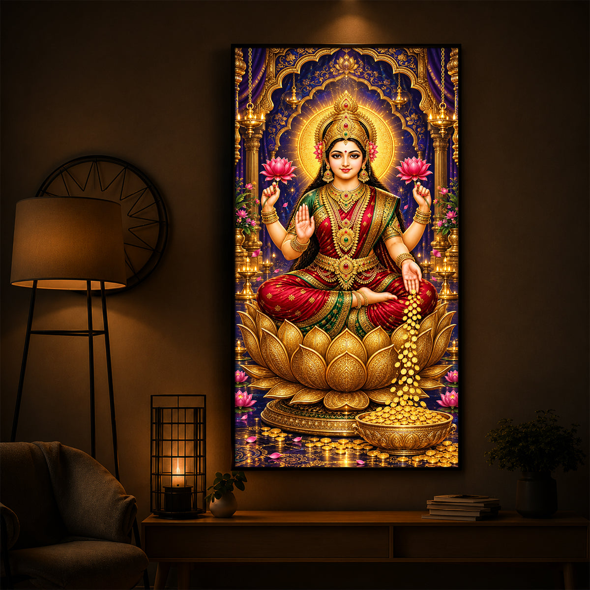 Goddess Maa Laxmi Modern Luxury Backlight Vertical Wall Art