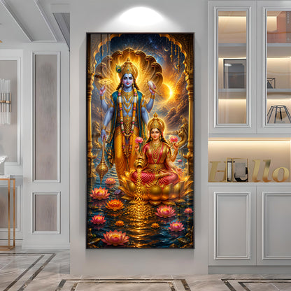 Sacred Lord Vishnu & Goddess Lakshmi Cosmic Premium Acrylic Vertical Wall Art