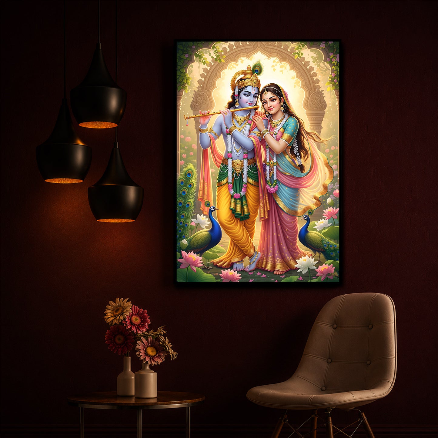 Loving Shri Radhe Krishna Modern Luxury Backlight Vertical Wall Art