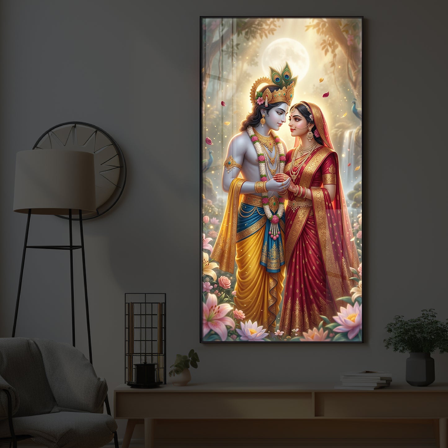 Loving Radha Krishna Ji Modern Luxury Backlight Vertical Wall Art