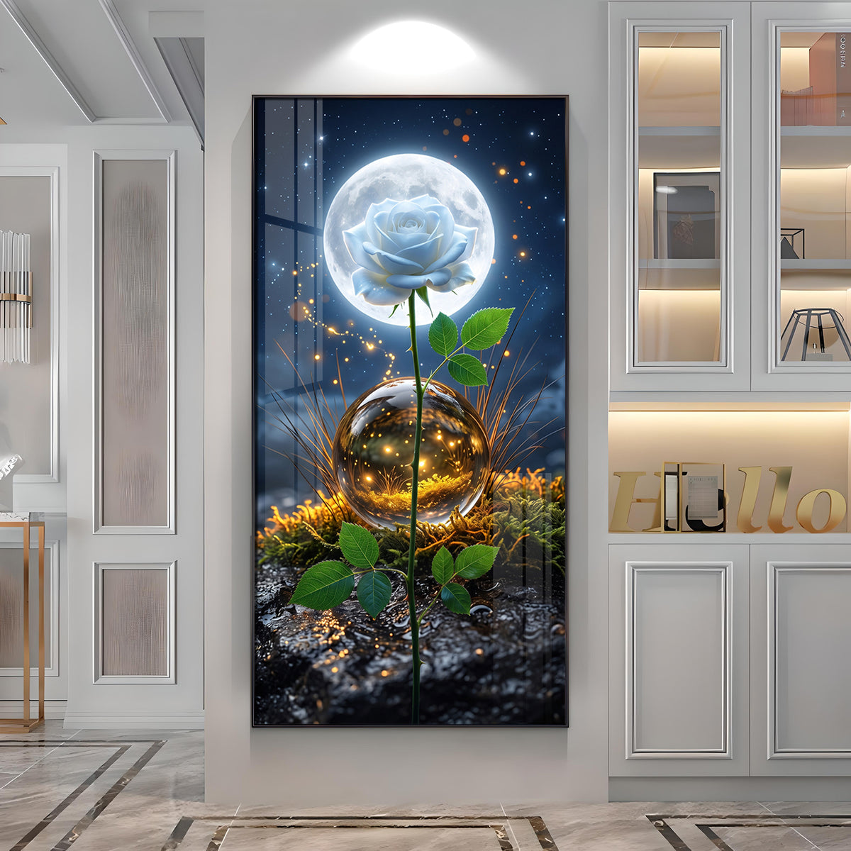 Luminous White Rose with Full Moon Premium Acrylic Vertical Wall Art