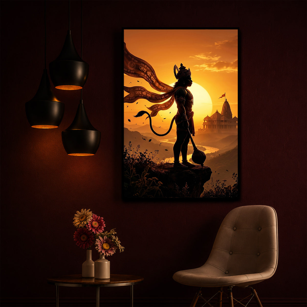 Lord Hanuman With Sunrise Modern Luxury Backlight Vertical Wall Art