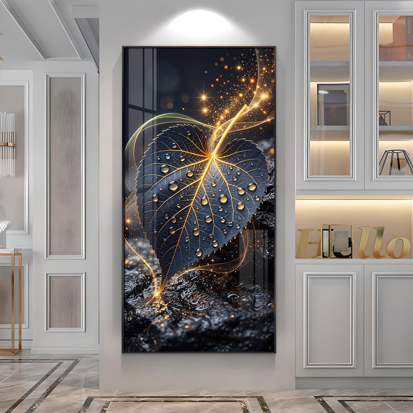 Golden Water Droplet Leaf Premium Acrylic Vertical Wall Art