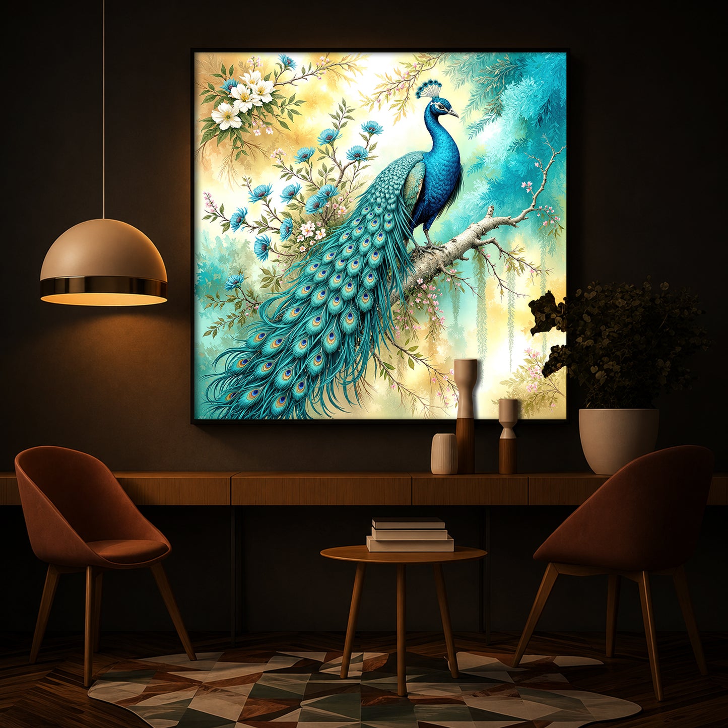 Peacock Perch Art Modern Luxury Backlight Square Wall Art